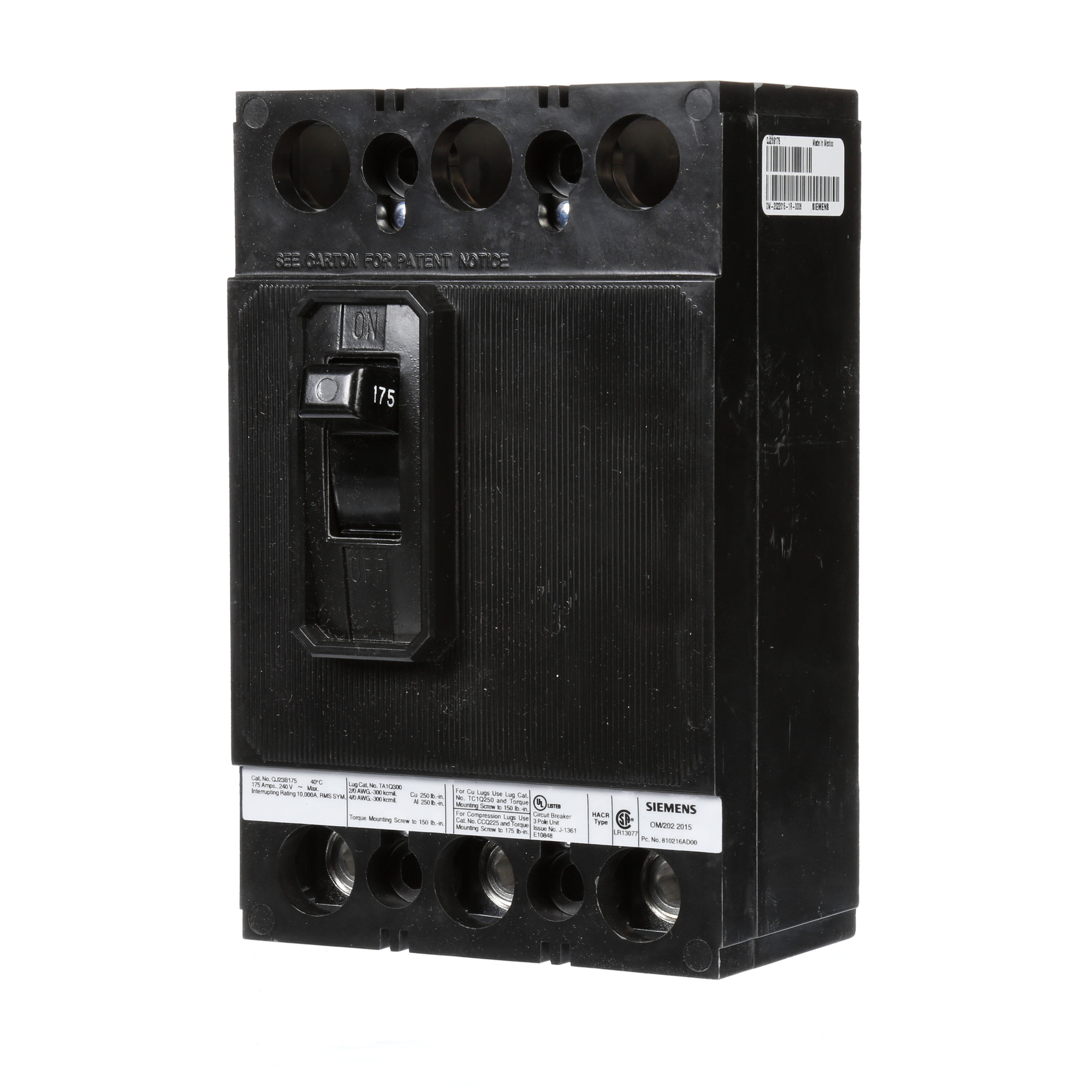  LOW VOLTAGE MOLDED CASE CIRCUIT BREAKER WITH TRIP FREE MECHANISM. QJ FRAME STANDARD 40C BREAKER. 175A 3-POLE (10KA AT 240V). SPECIAL FEATURES NO LUGS INSTALLED.