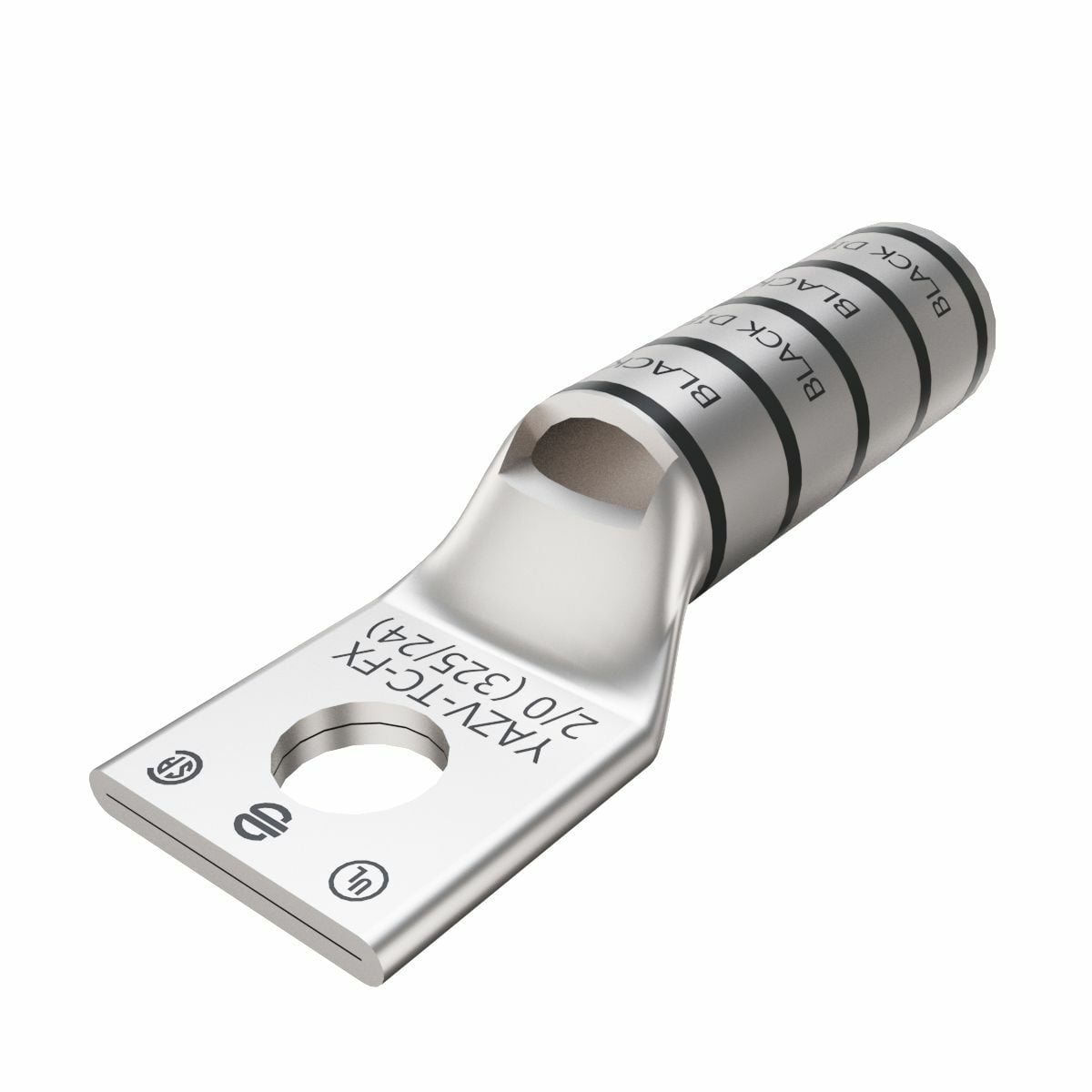 2/0 Flex G,H,I,K,M,DLO, 2/0 AWG CU, One Hole, 3/8 Stud Size, Long Barrel, Internal Chamfer, Tin Plated, UL/CSA, 90?C, Up to 35kV, Black Color Code, 13 Die Index.