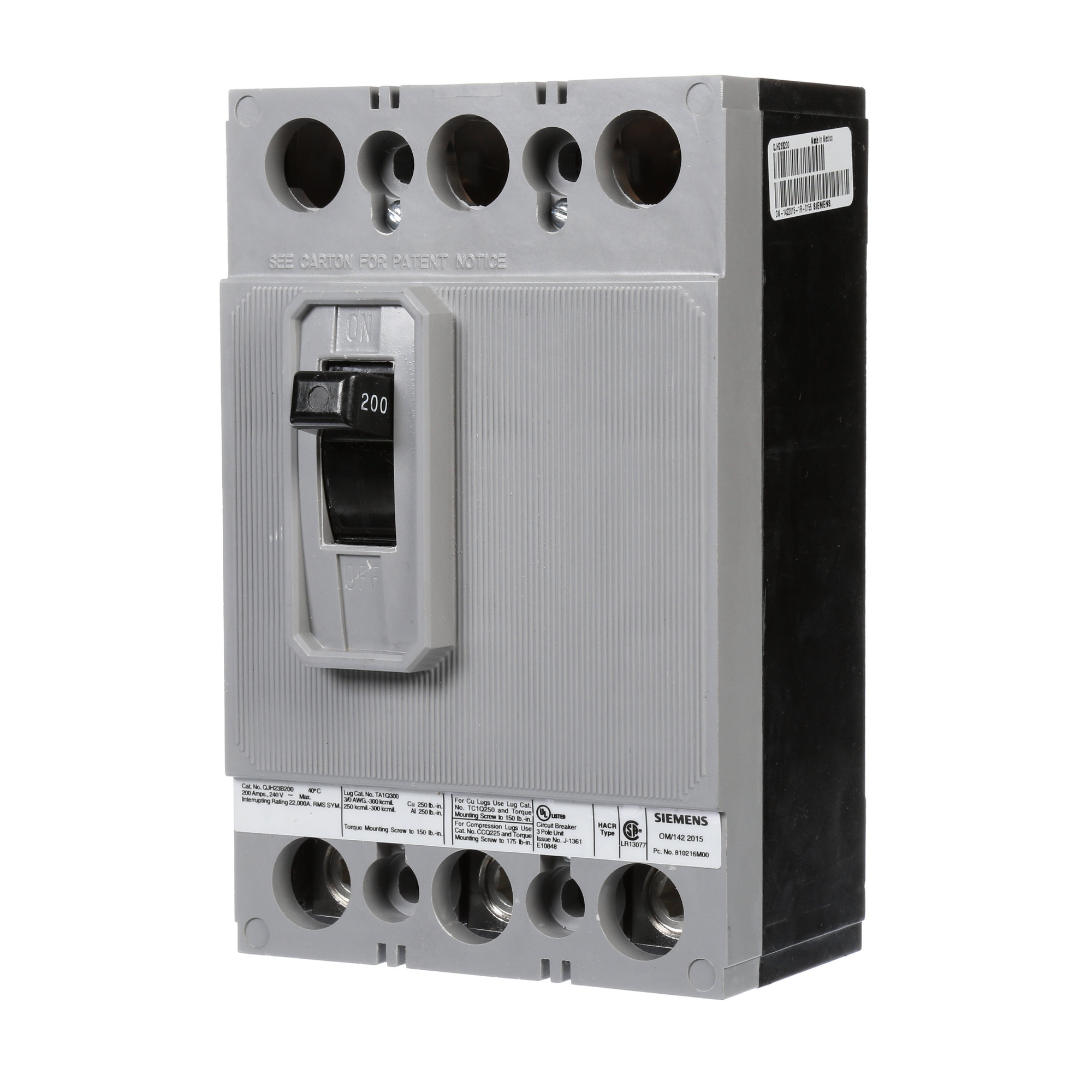  LOW VOLTAGE MOLDED CASE CIRCUIT BREAKER WITH TRIP FREE MECHANISM. QJ FRAME STANDARD 40C BREAKER. 200A 3-POLE (22KA AT 240V). SPECIAL FEATURES NO LUGS INSTALLED.