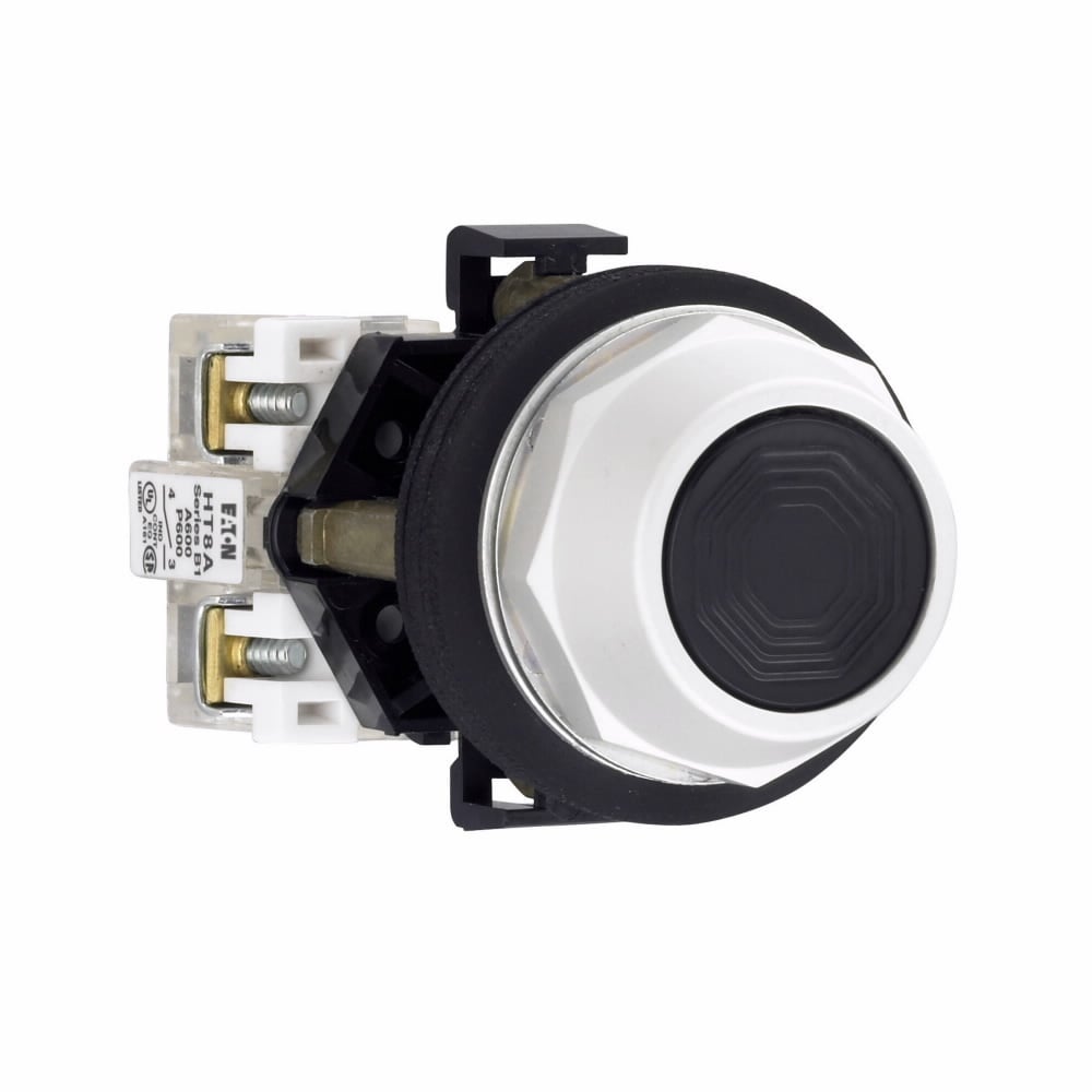 30.5 mm, Watertight/Oiltight-HT800, Pushbutton, NEMA 1, 2, 3, 3R, 4, 4X, 12, Non-illuminated, Momentary, Black actuator, Flush, 2NO-2NC, Chrome bezel, Plastic