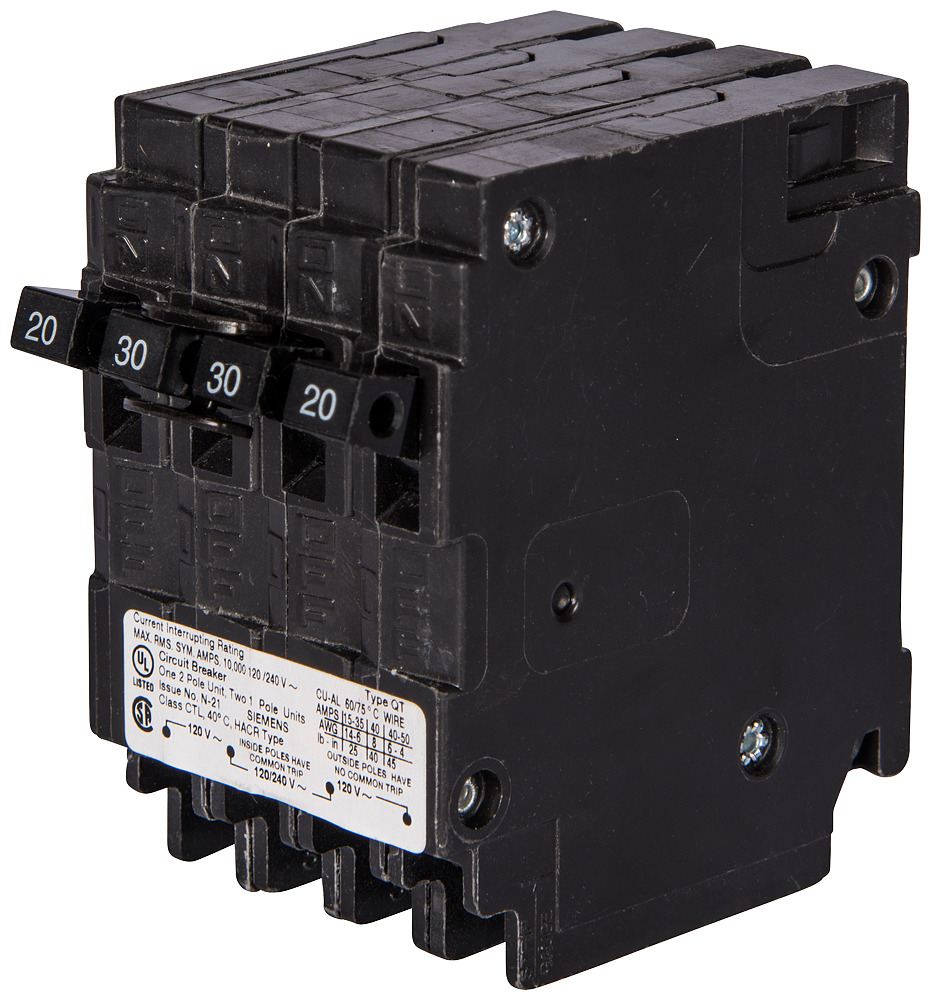  Low Voltage Residential Circuit Breakers Miniature Thermal Mag Circuit Breakers - Duplex, Triplex, Quadplex are Circuit Protection Load Center Mains, Feeders, and Miniature Circuit Breakers. Type QT Application Electrical Distribution Standard UL 489 Voltage Rating 120/240V Amperage Rating 20-40A Trip Range Thermal Magnetic Interrupt Rating 10 AIC Number Of Poles Two single poles and one double pole