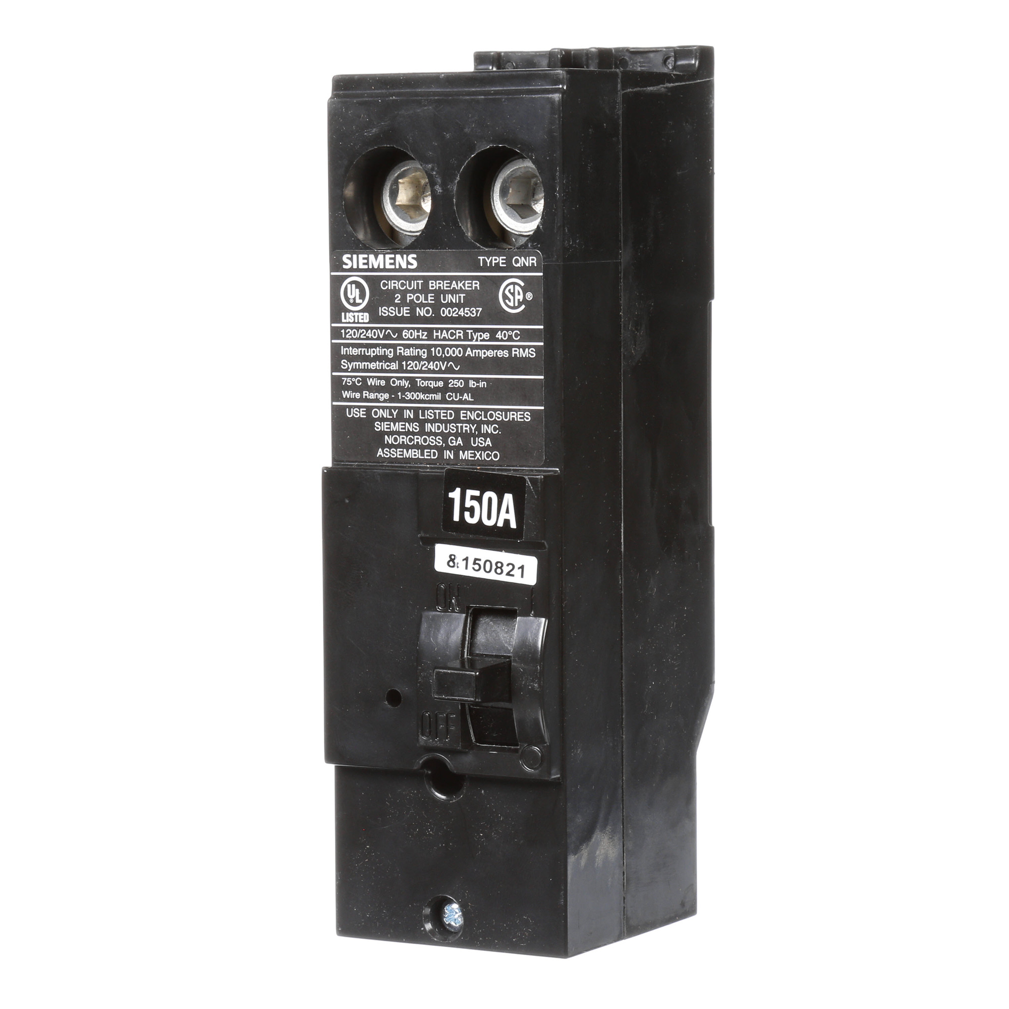  Low Voltage Residential Circuit Breakers Main Breakers - Branch Main Breaker Reversible are Circuit Protection Load Center Mains, Feeders, and Miniature Circuit Breakers. Type QNR Application Electrical Distribution Standard UL 489Voltage Rating 120/240V Amperage Rating 150A Trip Range Thermal Magnetic Interrupt Rating 10 AIC Number Of Poles 2P