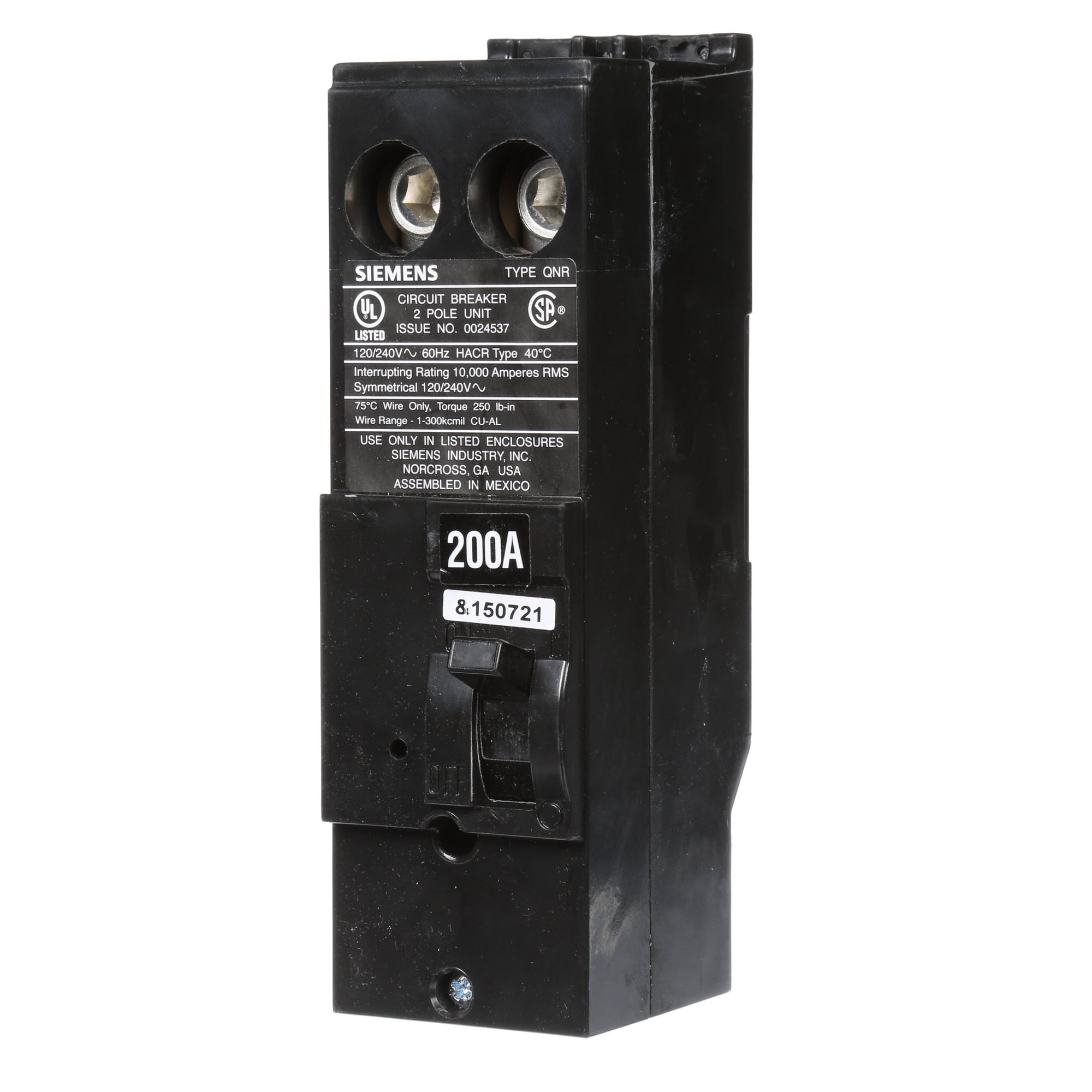  Low Voltage Residential Circuit Breakers Main Breakers - Branch Main Breaker Reversible are Circuit Protection Load Center Mains, Feeders, and Miniature Circuit Breakers. Type QNR Application Electrical Distribution Standard UL 489Voltage Rating 120/240V Amperage Rating 200A Trip Range Thermal Magnetic Interrupt Rating 10 AIC Number Of Poles 2P