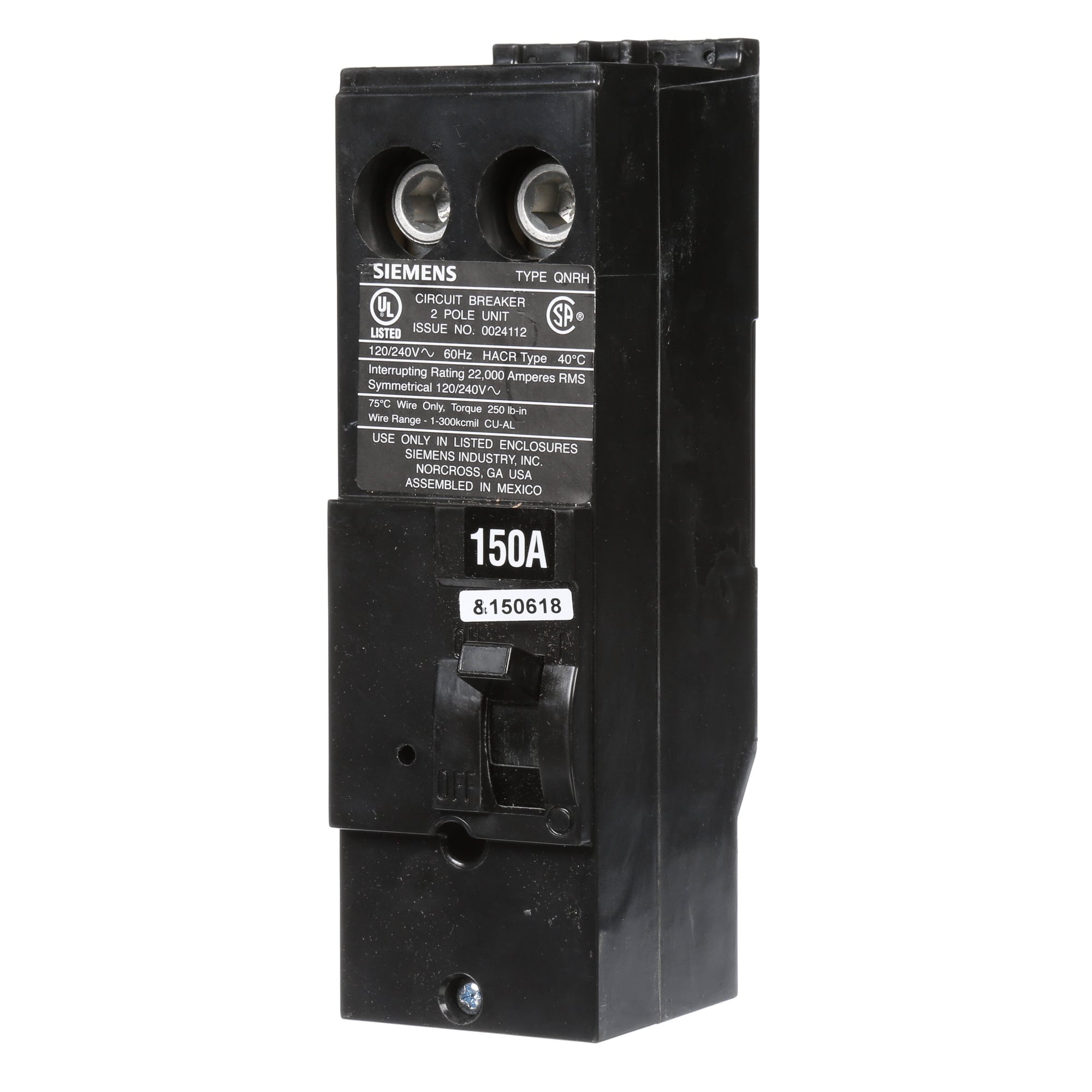  Low Voltage Residential Circuit Breakers Main Breakers - Branch Main Breaker Reversible are Circuit Protection Load Center Mains, Feeders, and Miniature Circuit Breakers. Type QNRH Application Electrical Distribution Standard UL 489 Voltage Rating 120/240V Amperage Rating 150A Trip Range Thermal Magnetic Interrupt Rating 22 AIC Number Of Poles 2P
