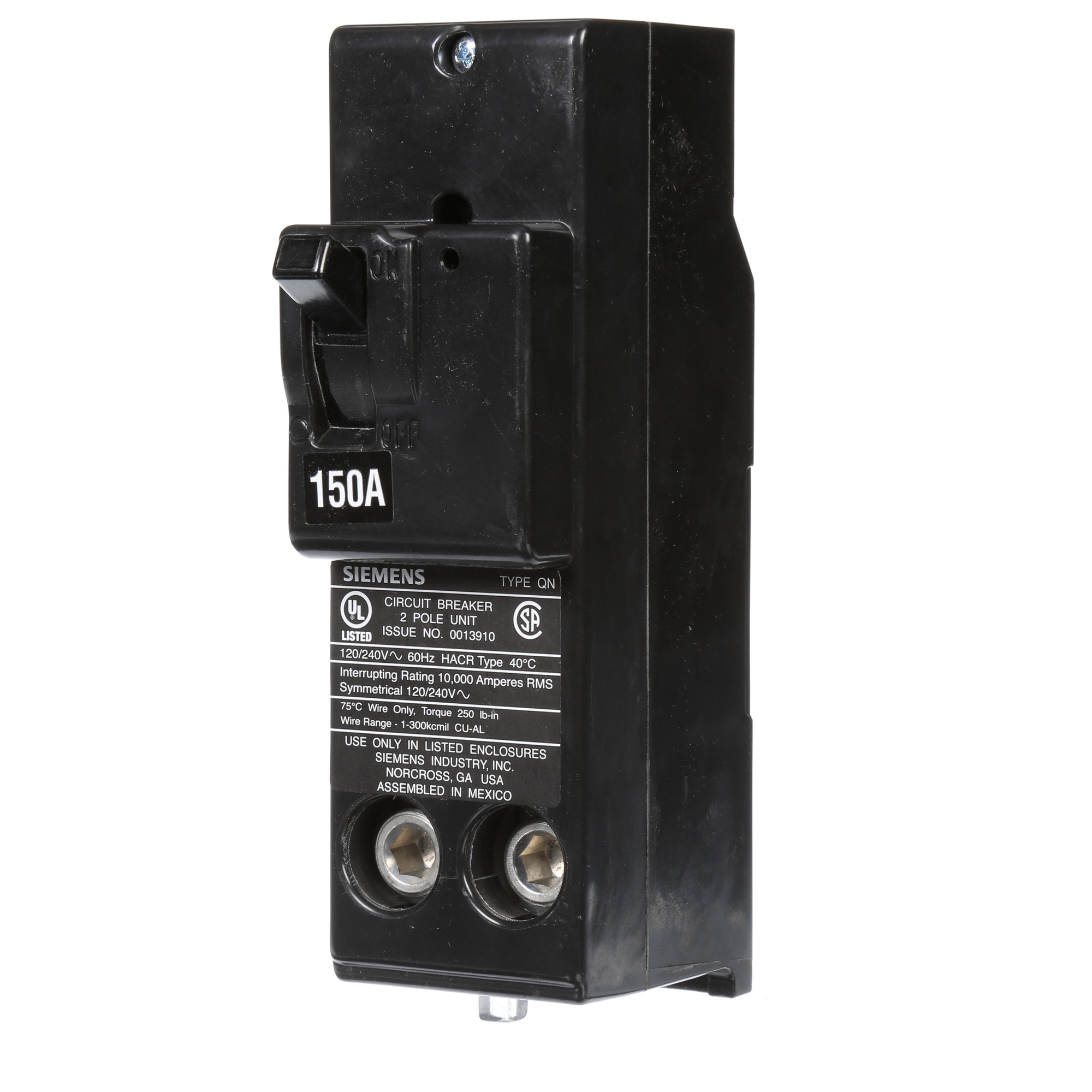  Low Voltage Residential Circuit Breakers Main Breakers - Branch Main Breakers Non-reversible are Circuit Protection Load Center Mains, Feeders, and Miniature Circuit Breakers. Type QN Application Electrical Distribution Standard UL489 Voltage Rating 120/240V Amperage Rating 150A Trip Range Thermal Magnetic Interrupt Rating 10 AIC Number Of Poles 2P