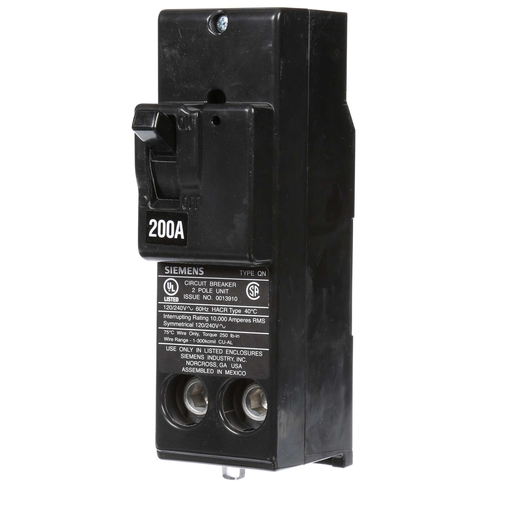  Low Voltage Residential Circuit Breakers Main Breakers - Branch Main Breakers Non-reversible are Circuit Protection Load Center Mains, Feeders, and Miniature Circuit Breakers. Type QN Application Electrical Distribution Standard UL489 Voltage Rating 120/240V Amperage Rating 200A Trip Range Thermal Magnetic Interrupt Rating 10 AIC Number Of Poles 2P