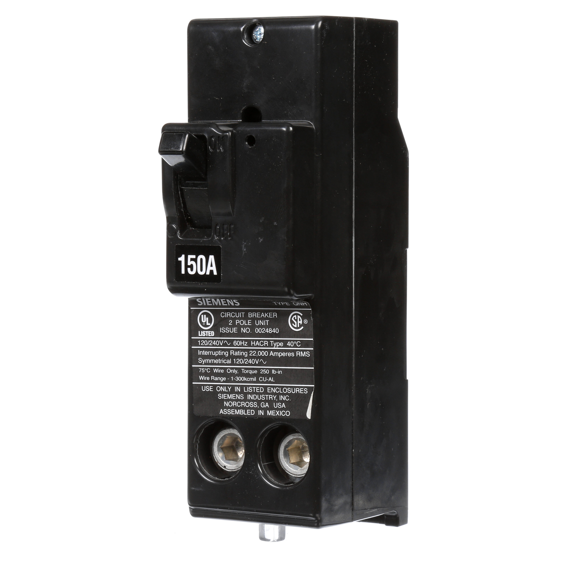  Low Voltage Residential Circuit Breakers Main Breakers - Branch Main Breakers Non-reversible are Circuit Protection Load Center Mains, Feeders, and Miniature Circuit Breakers. Type QNH Application Electrical Distribution Standard UL 489 Voltage Rating 120/240V Amperage Rating 150A Trip Range Thermal Magnetic Interrupt Rating 22 AIC Number Of Poles 2P