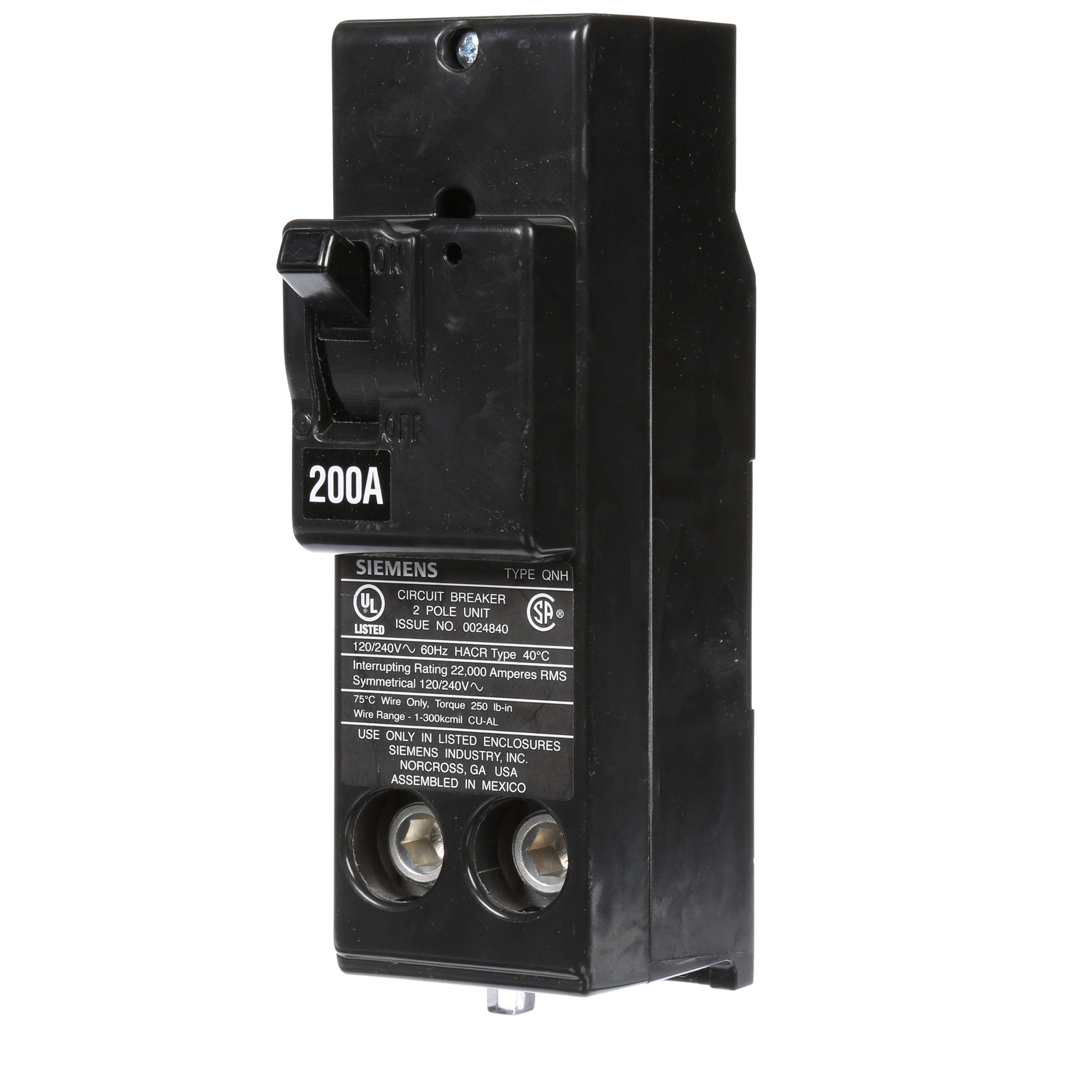  Low Voltage Residential Circuit Breakers Main Breakers - Branch Main Breakers Non-reversible are Circuit Protection Load Center Mains, Feeders, and Miniature Circuit Breakers. Type QNH Application Electrical Distribution Standard UL 489 Voltage Rating 120/240V Amperage Rating 200A Trip Range Thermal Magnetic Interrupt Rating 22 AIC Number Of Poles 2P