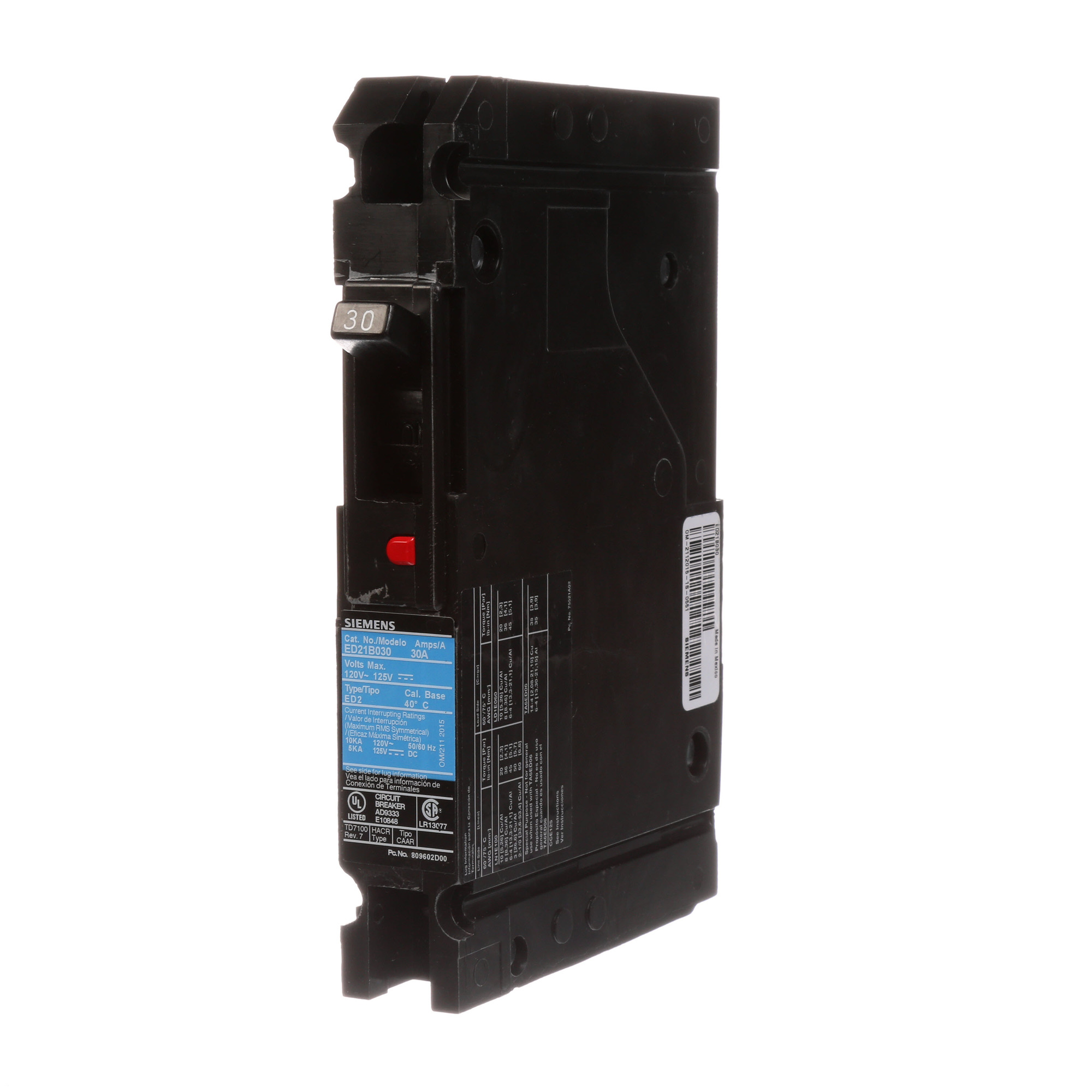 LOW VOLTAGE SENTRON MOLDED CASE CIRCUIT BREAKER WITH THERMAL - MAGNETICTRIP UNIT. STANDARD 40 DEG C BREAKER ED FRAME WITH STANDARD BREAKING CAPACITY. 30A 1-POLE (10KAIC AT 120V). NON-INTERCHANGEABLE TRIP UNIT. SPECIAL FEATURES LOAD LUGS ONLY (LD1E060) WIRE RANGE 10 - 4AWG (CU/AL). DIMENSIONS (W x H x D) IN 1.00 x 6.4 x 3.92.