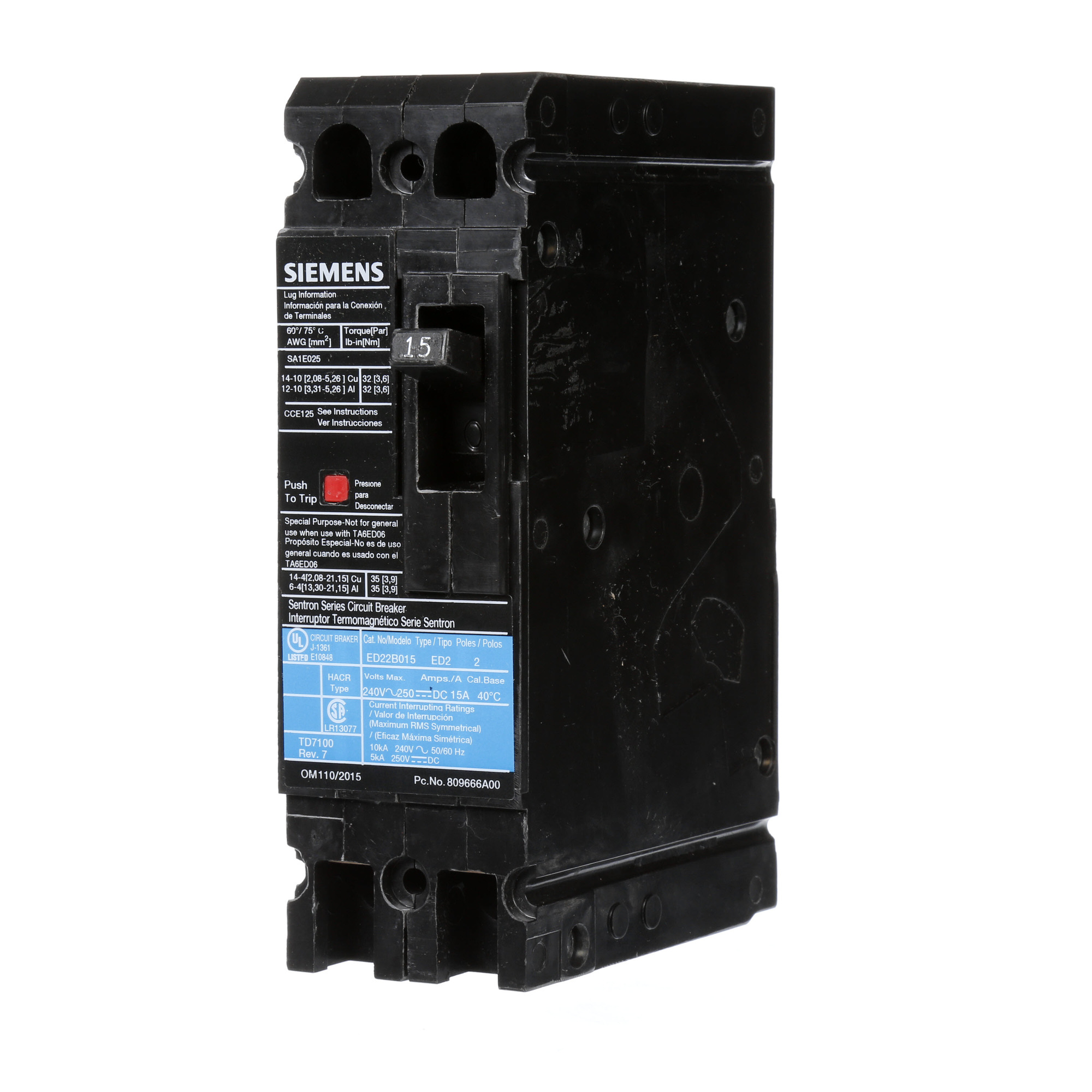  LOW VOLTAGE SENTRON MOLDED CASE CIRCUIT BREAKER WITH THERMAL - MAGNETICTRIP UNIT. STANDARD 40 DEG C BREAKER ED FRAME WITH STANDARD BREAKING CAPACITY. 15A 2-POLE (10KAIC AT 240V). NON-INTERCHANGEABLE TRIP UNIT. SPECIAL FEATURES LOAD LUGS ONLY (SA1E025) WIRE RANGE 14 - 10AWG (CU) / 12 - 10AWG (AL). DIMENSIONS (W x H x D) IN 2.00 x 6.4 x 3.92.