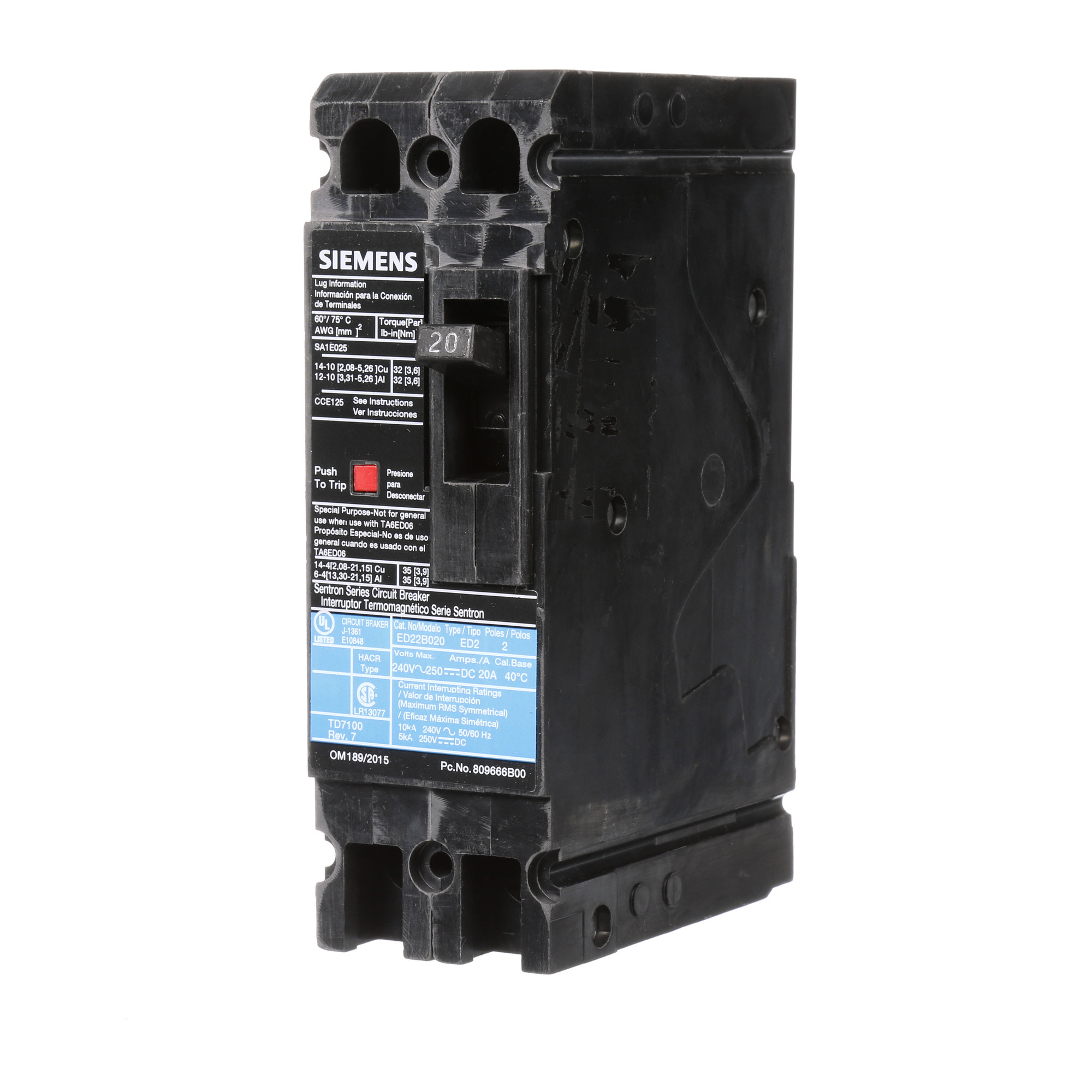  LOW VOLTAGE SENTRON MOLDED CASE CIRCUIT BREAKER WITH THERMAL - MAGNETICTRIP UNIT. STANDARD 40 DEG C BREAKER ED FRAME WITH STANDARD BREAKING CAPACITY. 20A 2-POLE (10KAIC AT 240V). NON-INTERCHANGEABLE TRIP UNIT. SPECIAL FEATURES LOAD LUGS ONLY (SA1E025) WIRE RANGE 14 - 10AWG (CU) / 12 - 10AWG (AL). DIMENSIONS (W x H x D) IN 2.00 x 6.4 x 3.92.
