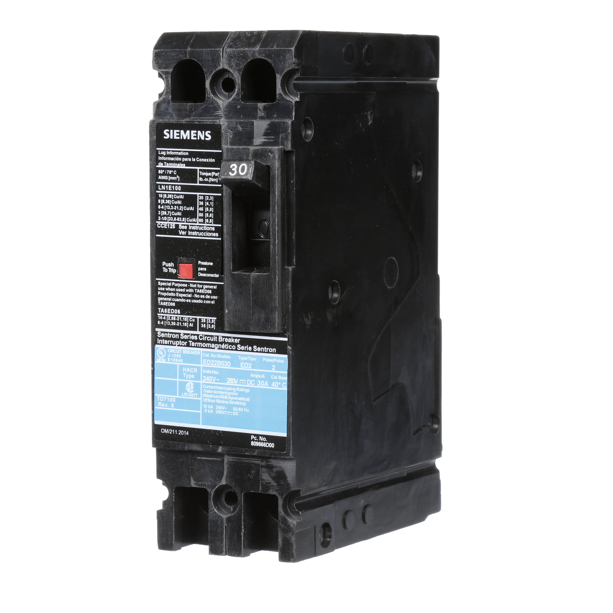  LOW VOLTAGE SENTRON MOLDED CASE CIRCUIT BREAKER WITH THERMAL - MAGNETICTRIP UNIT. STANDARD 40 DEG C BREAKER ED FRAME WITH STANDARD BREAKING CAPACITY. 30A 2-POLE (10KAIC AT 240V). NON-INTERCHANGEABLE TRIP UNIT. SPECIAL FEATURES LOAD LUGS ONLY (LN1E100) WIRE RANGE 10 - 1/0AWG (CU/AL). DIMENSIONS (W x H x D) IN 2.00 x 6.4 x 3.92.