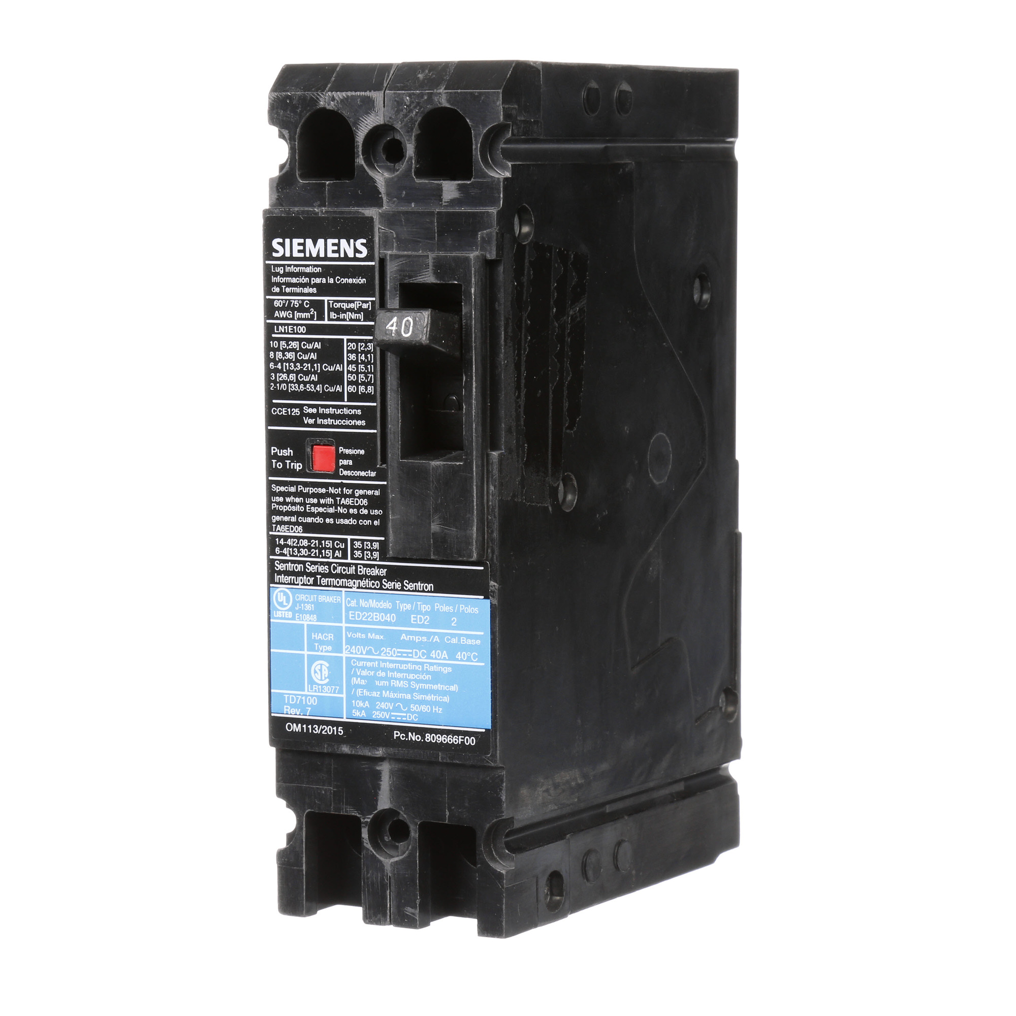  LOW VOLTAGE SENTRON MOLDED CASE CIRCUIT BREAKER WITH THERMAL - MAGNETICTRIP UNIT. STANDARD 40 DEG C BREAKER ED FRAME WITH STANDARD BREAKING CAPACITY. 40A 2-POLE (10KAIC AT 240V). NON-INTERCHANGEABLE TRIP UNIT. SPECIAL FEATURES LOAD LUGS ONLY (LN1E100) WIRE RANGE 10 - 1/0AWG (CU/AL). DIMENSIONS (W x H x D) IN 2.00 x 6.4 x 3.92.