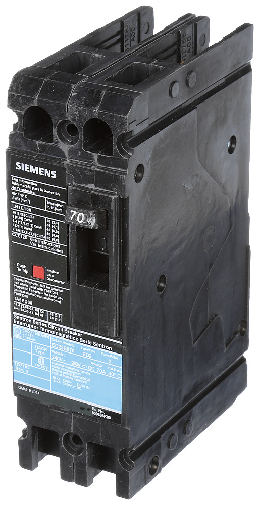  LOW VOLTAGE SENTRON MOLDED CASE CIRCUIT BREAKER WITH THERMAL - MAGNETICTRIP UNIT. STANDARD 40 DEG C BREAKER ED FRAME WITH STANDARD BREAKING CAPACITY. 70A 2-POLE (10KAIC AT 240V). NON-INTERCHANGEABLE TRIP UNIT. SPECIAL FEATURES LOAD LUGS ONLY (LN1E100) WIRE RANGE 10 - 1/0AWG (CU/AL). DIMENSIONS (W x H x D) IN 2.00 x 6.4 x 3.92.