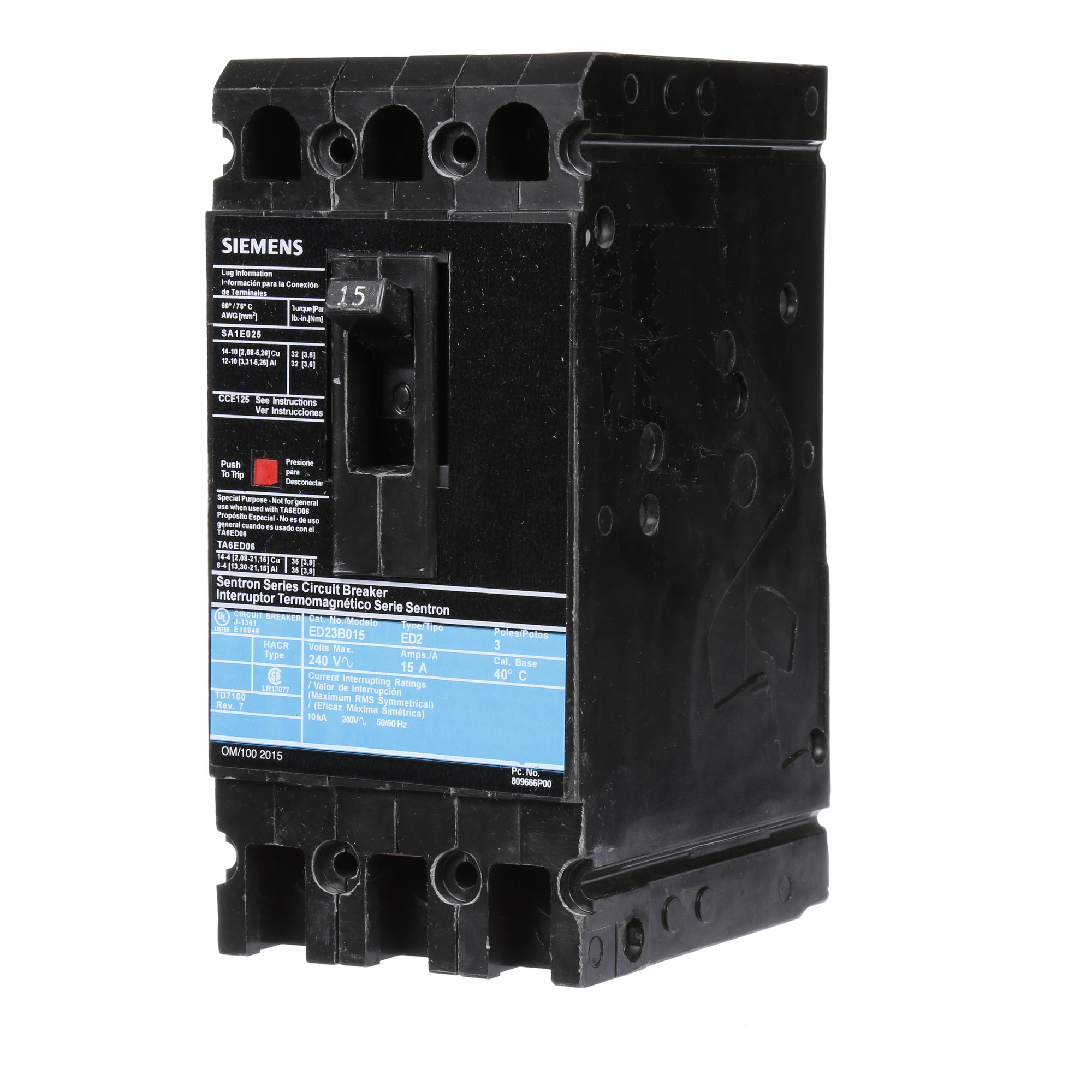  LOW VOLTAGE SENTRON MOLDED CASE CIRCUIT BREAKER WITH THERMAL - MAGNETICTRIP UNIT. STANDARD 40 DEG C BREAKER ED FRAME WITH STANDARD BREAKING CAPACITY. 15A 3-POLE (10KAIC AT 240V). NON-INTERCHANGEABLE TRIP UNIT. SPECIAL FEATURES LOAD LUGS ONLY (SA1E025) WIRE RANGE 14 - 10AWG (CU) / 12 - 10AWG (AL). DIMENSIONS (W x H x D) IN 3.00 x 6.4 x 3.92.
