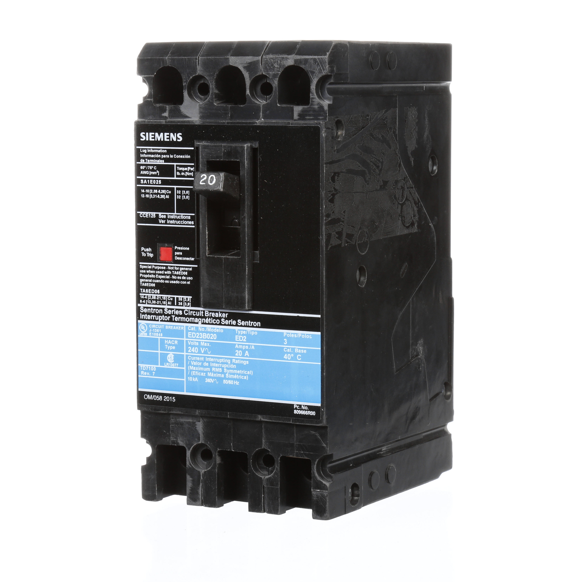  LOW VOLTAGE SENTRON MOLDED CASE CIRCUIT BREAKER WITH THERMAL - MAGNETICTRIP UNIT. STANDARD 40 DEG C BREAKER ED FRAME WITH STANDARD BREAKING CAPACITY. 20A 3-POLE (10KAIC AT 240V). NON-INTERCHANGEABLE TRIP UNIT. SPECIAL FEATURES LOAD LUGS ONLY (SA1E025) WIRE RANGE 14 - 10AWG (CU) / 12 - 10AWG (AL). DIMENSIONS (W x H x D) IN 3.00 x 6.4 x 3.92.