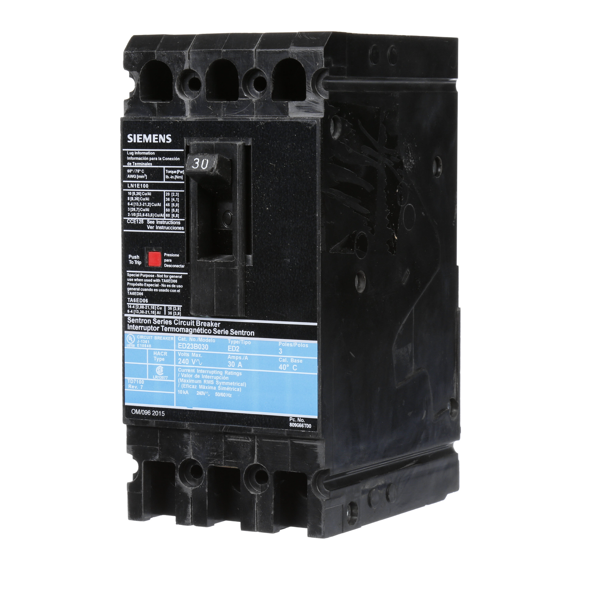  LOW VOLTAGE SENTRON MOLDED CASE CIRCUIT BREAKER WITH THERMAL - MAGNETICTRIP UNIT. STANDARD 40 DEG C BREAKER ED FRAME WITH STANDARD BREAKING CAPACITY. 30A 3-POLE (10KAIC AT 240V). NON-INTERCHANGEABLE TRIP UNIT. SPECIAL FEATURES LOAD LUGS ONLY (LN1E100) WIRE RANGE 10 - 1/0AWG (CU/AL). DIMENSIONS (W x H x D) IN 3.00 x 6.4 x 3.92.