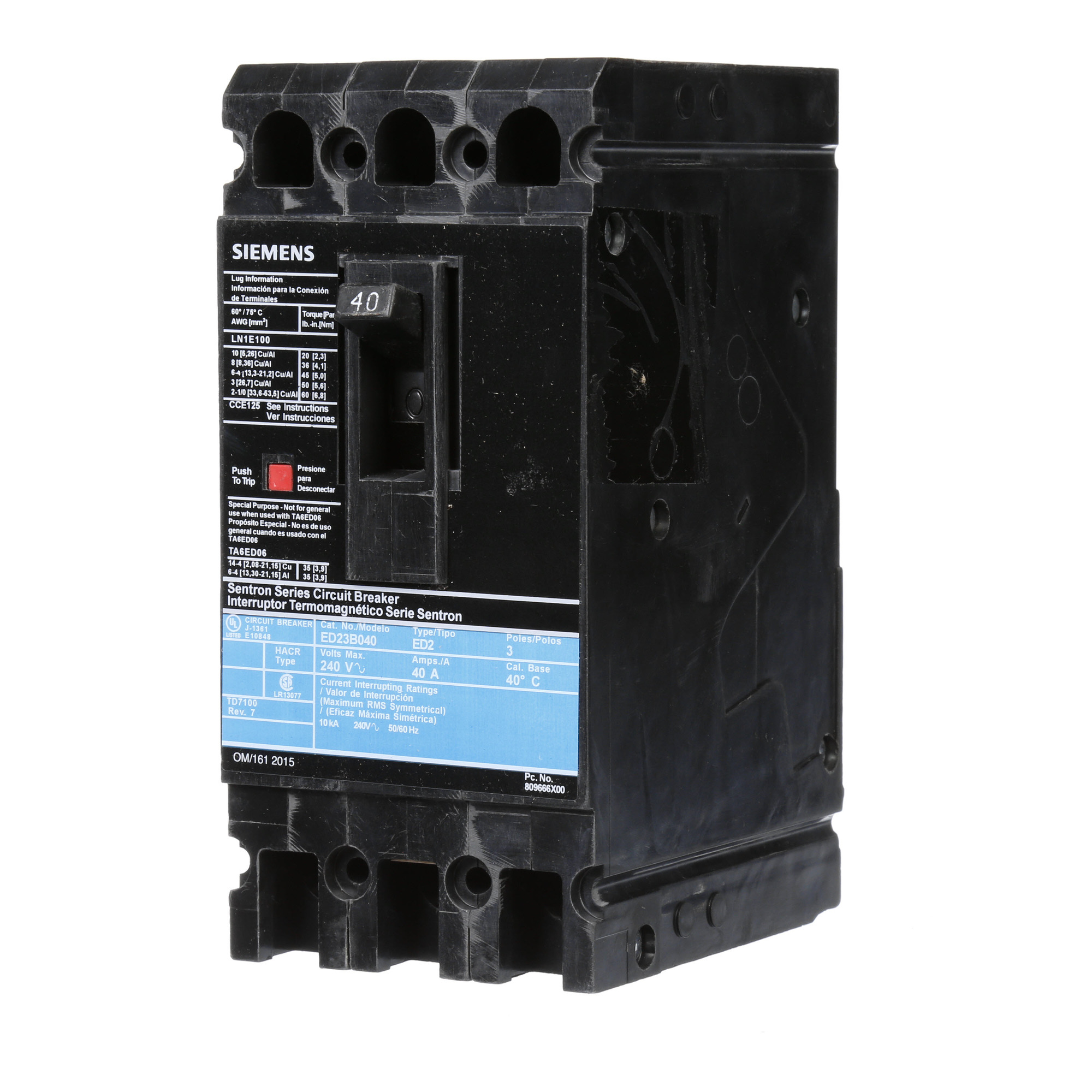  LOW VOLTAGE SENTRON MOLDED CASE CIRCUIT BREAKER WITH THERMAL - MAGNETICTRIP UNIT. STANDARD 40 DEG C BREAKER ED FRAME WITH STANDARD BREAKING CAPACITY. 40A 3-POLE (10KAIC AT 240V). NON-INTERCHANGEABLE TRIP UNIT. SPECIAL FEATURES LOAD LUGS ONLY (LN1E100) WIRE RANGE 10 - 1/0AWG (CU/AL). DIMENSIONS (W x H x D) IN 3.00 x 6.4 x 3.92.