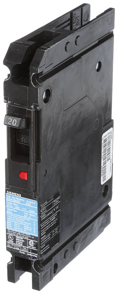  LOW VOLTAGE SENTRON MOLDED CASE CIRCUIT BREAKER WITH THERMAL - MAGNETICTRIP UNIT. STANDARD 40 DEG C BREAKER ED FRAME WITH STANDARD BREAKING CAPACITY. 20A 1-POLE (22KAIC AT 277V). NON-INTERCHANGEABLE TRIP UNIT. SPECIAL FEATURES LOAD LUGS ONLY (SA1E025) WIRE RANGE 14 - 10AWG (CU) / 12 - 10AWG (AL). DIMENSIONS (W x H x D) IN 1.00 x 6.4 x 3.92.