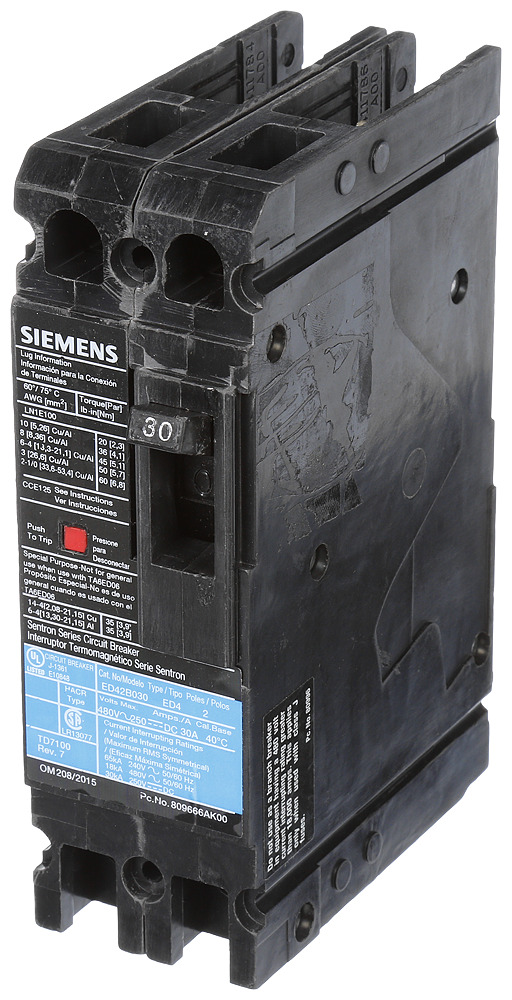  LOW VOLTAGE SENTRON MOLDED CASE CIRCUIT BREAKER WITH THERMAL - MAGNETICTRIP UNIT. STANDARD 40 DEG C BREAKER ED FRAME WITH STANDARD BREAKING CAPACITY. 30A 2-POLE (18KAIC AT 480V). NON-INTERCHANGEABLE TRIP UNIT. SPECIAL FEATURES LOAD LUGS ONLY (LN1E100) WIRE RANGE 10 - 1/0AWG (CU/AL). DIMENSIONS (W x H x D) IN 2.00 x 6.4 x 3.92.
