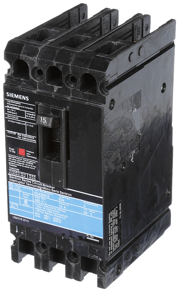  LOW VOLTAGE SENTRON MOLDED CASE CIRCUIT BREAKER WITH THERMAL - MAGNETICTRIP UNIT. STANDARD 40 DEG C BREAKER ED FRAME WITH STANDARD BREAKING CAPACITY. 15A 3-POLE (18KAIC AT 480V). NON-INTERCHANGEABLE TRIP UNIT. SPECIAL FEATURES LOAD LUGS ONLY (SA1E025) WIRE RANGE 14 - 10AWG (CU) / 12 - 10AWG (AL). DIMENSIONS (W x H x D) IN 3.00 x 6.4 x 3.92.