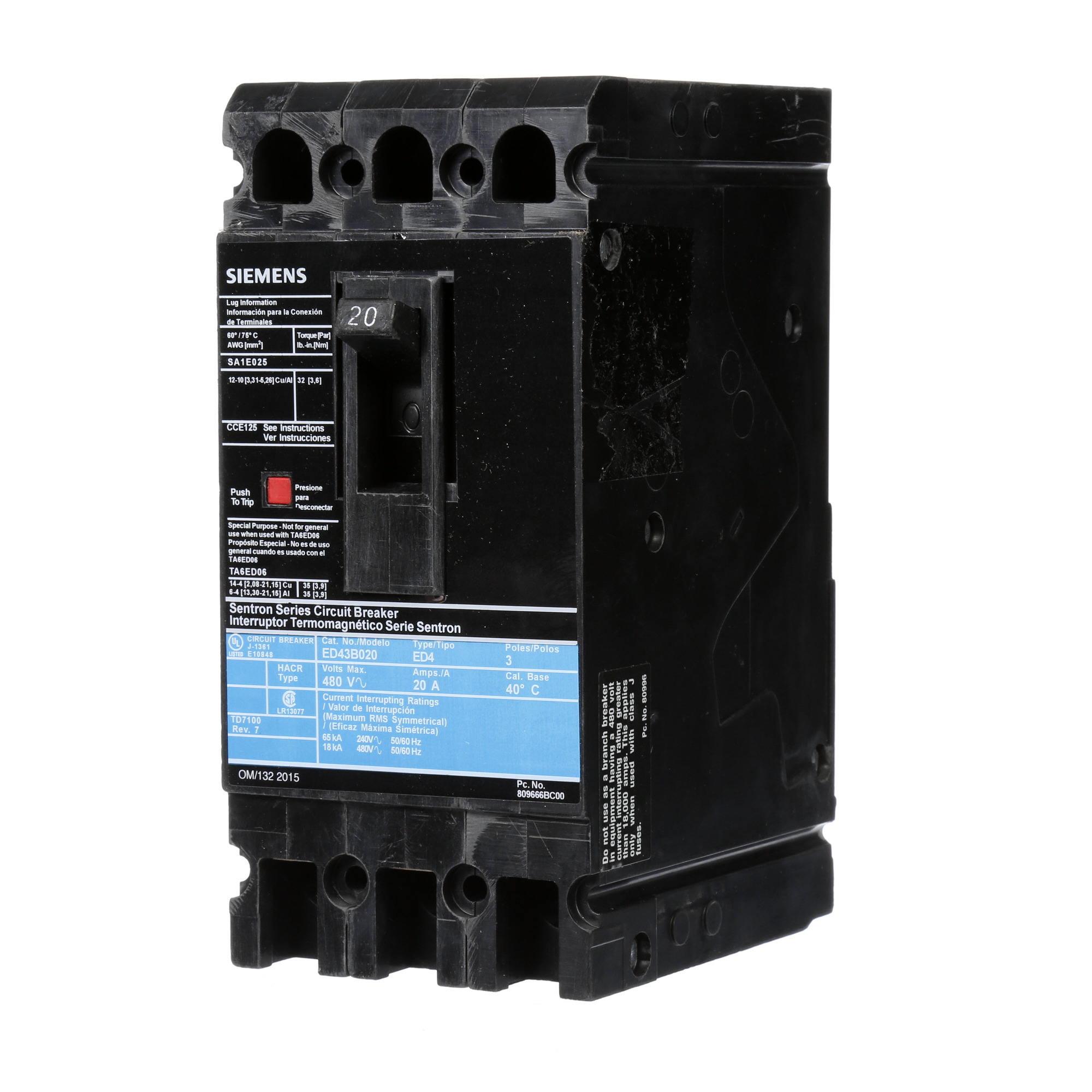  LOW VOLTAGE SENTRON MOLDED CASE CIRCUIT BREAKER WITH THERMAL - MAGNETICTRIP UNIT. STANDARD 40 DEG C BREAKER ED FRAME WITH STANDARD BREAKING CAPACITY. 20A 3-POLE (18KAIC AT 480V). NON-INTERCHANGEABLE TRIP UNIT. SPECIAL FEATURES LOAD LUGS ONLY (SA1E025) WIRE RANGE 14 - 10AWG (CU) / 12 - 10AWG (AL). DIMENSIONS (W x H x D) IN 3.00 x 6.4 x 3.92.