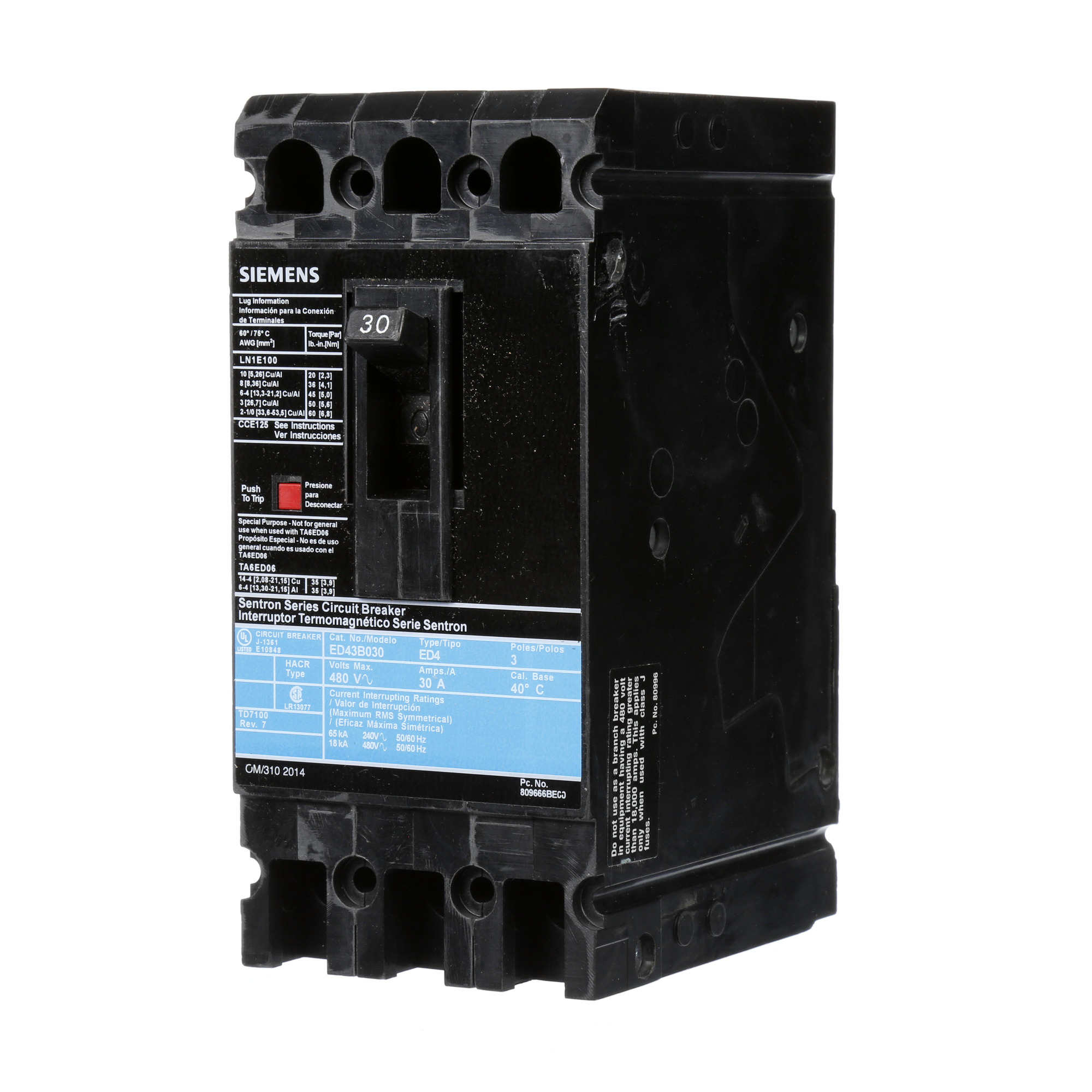  LOW VOLTAGE SENTRON MOLDED CASE CIRCUIT BREAKER WITH THERMAL - MAGNETICTRIP UNIT. STANDARD 40 DEG C BREAKER ED FRAME WITH STANDARD BREAKING CAPACITY. 30A 3-POLE (18KAIC AT 480V). NON-INTERCHANGEABLE TRIP UNIT. SPECIAL FEATURES LOAD LUGS ONLY (LN1E100) WIRE RANGE 10 - 1/0AWG (CU/AL). DIMENSIONS (W x H x D) IN 3.00 x 6.4 x 3.92.