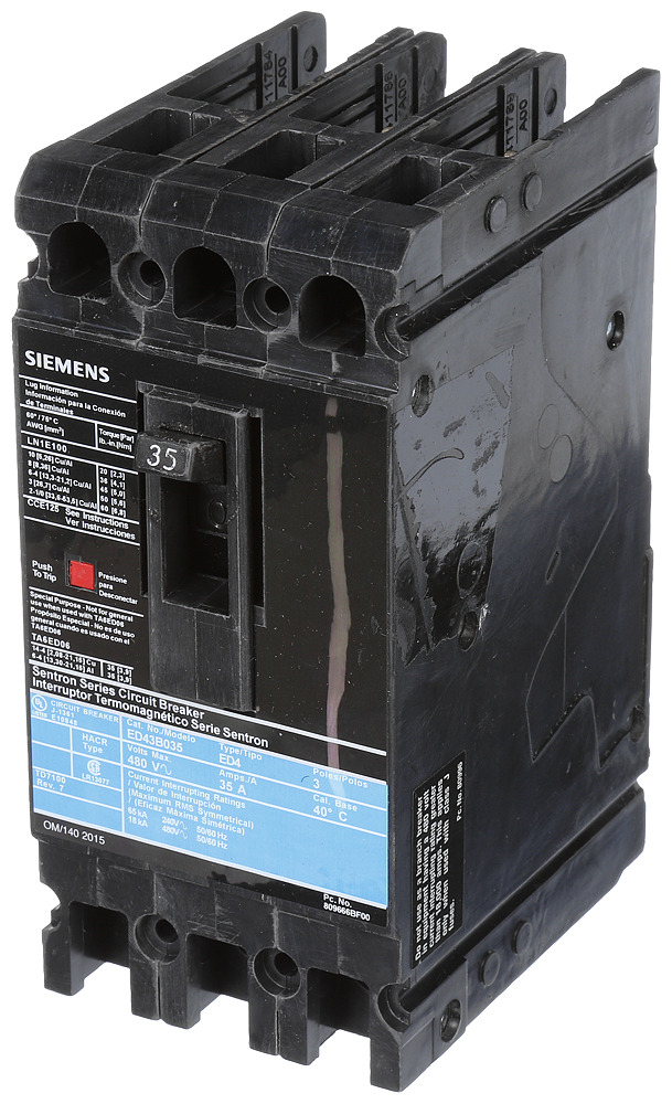  LOW VOLTAGE SENTRON MOLDED CASE CIRCUIT BREAKER WITH THERMAL - MAGNETICTRIP UNIT. STANDARD 40 DEG C BREAKER ED FRAME WITH STANDARD BREAKING CAPACITY. 35A 3-POLE (18KAIC AT 480V). NON-INTERCHANGEABLE TRIP UNIT. SPECIAL FEATURES LOAD LUGS ONLY (LN1E100) WIRE RANGE 10 - 1/0AWG (CU/AL). DIMENSIONS (W x H x D) IN 3.00 x 6.4 x 3.92.