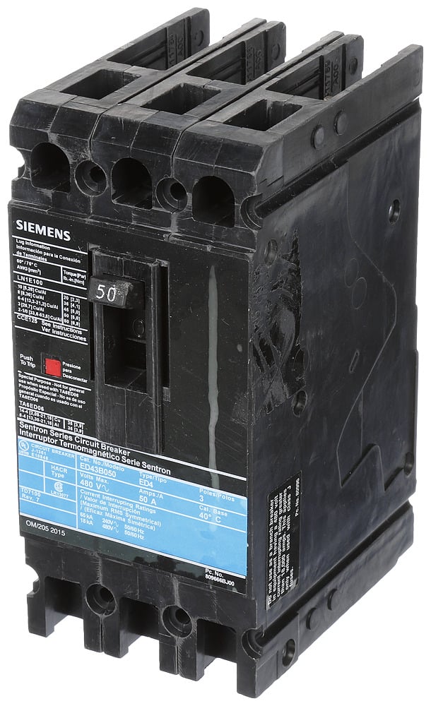  LOW VOLTAGE SENTRON MOLDED CASE CIRCUIT BREAKER WITH THERMAL - MAGNETICTRIP UNIT. STANDARD 40 DEG C BREAKER ED FRAME WITH STANDARD BREAKING CAPACITY. 50A 3-POLE (18KAIC AT 480V). NON-INTERCHANGEABLE TRIP UNIT. SPECIAL FEATURES LOAD LUGS ONLY (LN1E100) WIRE RANGE 10 - 1/0AWG (CU/AL). DIMENSIONS (W x H x D) IN 3.00 x 6.4 x 3.92.