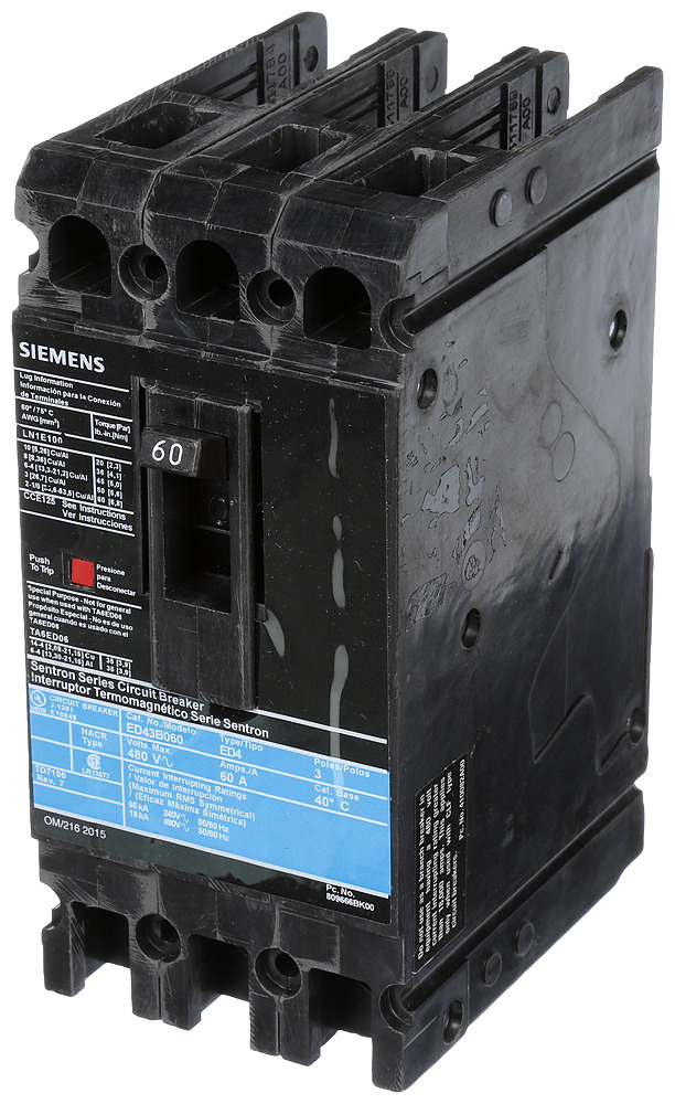  LOW VOLTAGE SENTRON MOLDED CASE CIRCUIT BREAKER WITH THERMAL - MAGNETICTRIP UNIT. STANDARD 40 DEG C BREAKER ED FRAME WITH STANDARD BREAKING CAPACITY. 60A 3-POLE (18KAIC AT 480V). NON-INTERCHANGEABLE TRIP UNIT. SPECIAL FEATURES LOAD LUGS ONLY (LN1E100) WIRE RANGE 10 - 1/0AWG (CU/AL). DIMENSIONS (W x H x D) IN 3.00 x 6.4 x 3.92.