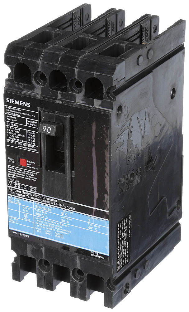  LOW VOLTAGE SENTRON MOLDED CASE CIRCUIT BREAKER WITH THERMAL - MAGNETICTRIP UNIT. STANDARD 40 DEG C BREAKER ED FRAME WITH STANDARD BREAKING CAPACITY. 90A 3-POLE (18KAIC AT 480V). NON-INTERCHANGEABLE TRIP UNIT. SPECIAL FEATURES LOAD LUGS ONLY (LN1E100) WIRE RANGE 10 - 1/0AWG (CU/AL). DIMENSIONS (W x H x D) IN 3.00 x 6.4 x 3.92.