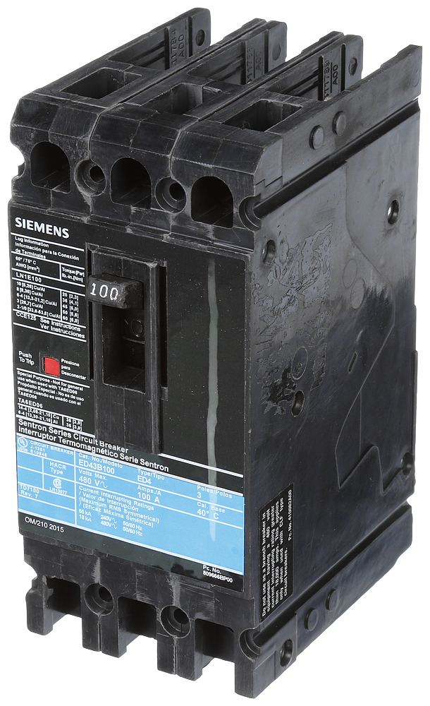  LOW VOLTAGE SENTRON MOLDED CASE CIRCUIT BREAKER WITH THERMAL - MAGNETICTRIP UNIT. STANDARD 40 DEG C BREAKER ED FRAME WITH STANDARD BREAKING CAPACITY. 100A 3-POLE (18KAIC AT 480V). NON-INTERCHANGEABLE TRIP UNIT. SPECIAL FEATURES LOAD LUGS ONLY (LN1E100) WIRE RANGE 10 - 1/0AWG (CU/AL). DIMENSIONS (W x H x D) IN3.00 x 6.4 x 3.92.