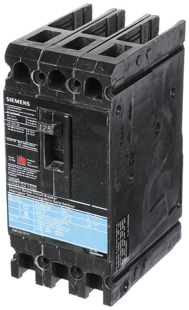  LOW VOLTAGE SENTRON MOLDED CASE CIRCUIT BREAKER WITH THERMAL - MAGNETICTRIP UNIT. STANDARD 40 DEG C BREAKER ED FRAME WITH STANDARD BREAKING CAPACITY. 125A 3-POLE (18KAIC AT 480V). NON-INTERCHANGEABLE TRIP UNIT. SPECIAL FEATURES LOAD LUGS ONLY (TA1E6125) WIRE RANGE 3 - 3/0AWG (CU) / 1 - 2/0AWG (AL). DIMENSIONS(W x H x D) IN 3.00 x 6.4 x 3.92.