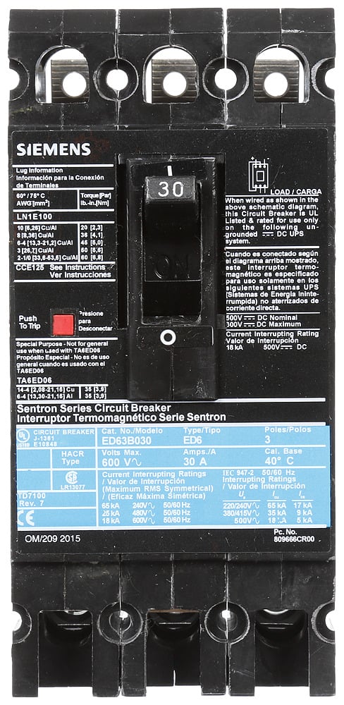  LOW VOLTAGE SENTRON MOLDED CASE CIRCUIT BREAKER WITH THERMAL - MAGNETICTRIP UNIT. STANDARD 40 DEG C BREAKER ED FRAME WITH STANDARD BREAKING CAPACITY. 30A 3-POLE (18KAIC AT 600V) (25KAIC AT 480V). NON-INTERCHANGEABLE TRIP UNIT. SPECIAL FEATURES LOAD LUGS ONLY (LN1E100) WIRE RANGE 10 - 1/0AWG (CU/AL). DIMENSIONS (W x H x D) IN 3.00 x 6.4 x 3.92.