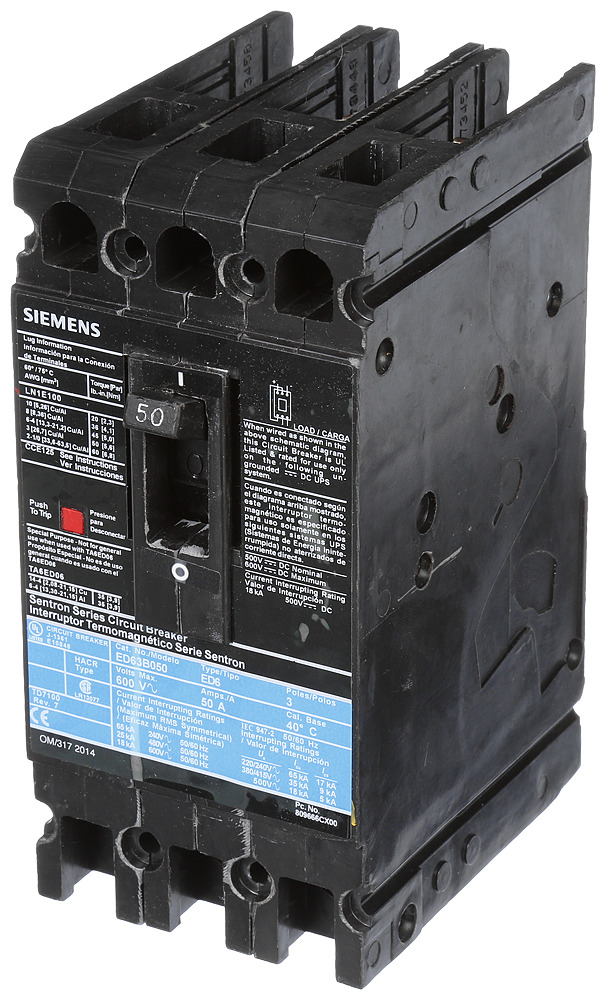  LOW VOLTAGE SENTRON MOLDED CASE CIRCUIT BREAKER WITH THERMAL - MAGNETICTRIP UNIT. STANDARD 40 DEG C BREAKER ED FRAME WITH STANDARD BREAKING CAPACITY. 50A 3-POLE (18KAIC AT 600V) (25KAIC AT 480V). NON-INTERCHANGEABLE TRIP UNIT. SPECIAL FEATURES LOAD LUGS ONLY (LN1E100) WIRE RANGE 10 - 1/0AWG (CU/AL). DIMENSIONS (W x H x D) IN 3.00 x 6.4 x 3.92.