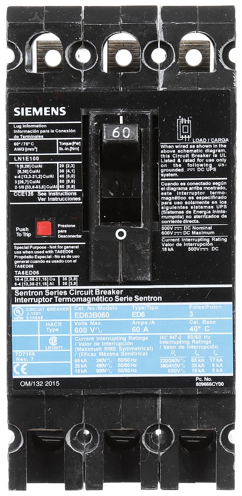  LOW VOLTAGE SENTRON MOLDED CASE CIRCUIT BREAKER WITH THERMAL - MAGNETICTRIP UNIT. STANDARD 40 DEG C BREAKER ED FRAME WITH STANDARD BREAKING CAPACITY. 60A 3-POLE (18KAIC AT 600V) (25KAIC AT 480V). NON-INTERCHANGEABLE TRIP UNIT. SPECIAL FEATURES LOAD LUGS ONLY (LN1E100) WIRE RANGE 10 - 1/0AWG (CU/AL). DIMENSIONS (W x H x D) IN 3.00 x 6.4 x 3.92.