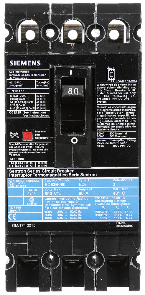  LOW VOLTAGE SENTRON MOLDED CASE CIRCUIT BREAKER WITH THERMAL - MAGNETICTRIP UNIT. STANDARD 40 DEG C BREAKER ED FRAME WITH STANDARD BREAKING CAPACITY. 80A 3-POLE (18KAIC AT 600V) (25KAIC AT 480V). NON-INTERCHANGEABLE TRIP UNIT. SPECIAL FEATURES LOAD LUGS ONLY (LN1E100) WIRE RANGE 10 - 1/0AWG (CU/AL). DIMENSIONS (W x H x D) IN 3.00 x 6.4 x 3.92.