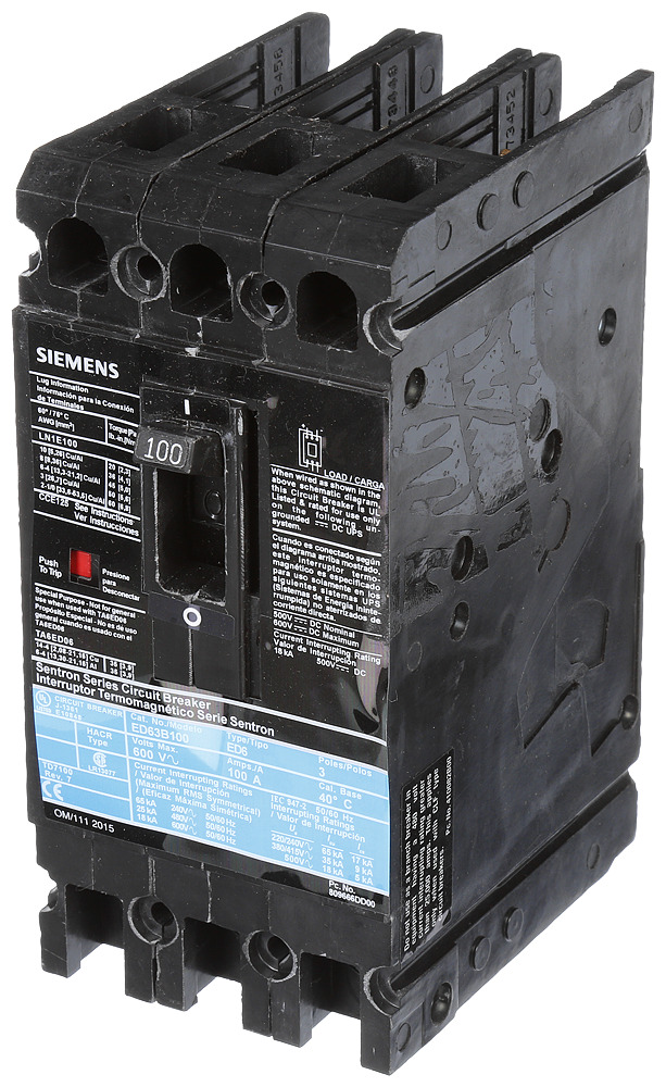  LOW VOLTAGE SENTRON MOLDED CASE CIRCUIT BREAKER WITH THERMAL - MAGNETICTRIP UNIT. STANDARD 40 DEG C BREAKER ED FRAME WITH STANDARD BREAKING CAPACITY. 100A 3-POLE (18KAIC AT 600V) (25KAIC AT 480V). NON-INTERCHANGEABLE TRIP UNIT. SPECIAL FEATURES LOAD LUGS ONLY (LN1E100) WIRE RANGE 10 - 1/0AWG (CU/AL). DIMENSIONS (W x H x D) IN 3.00 x 6.4 x 3.92.