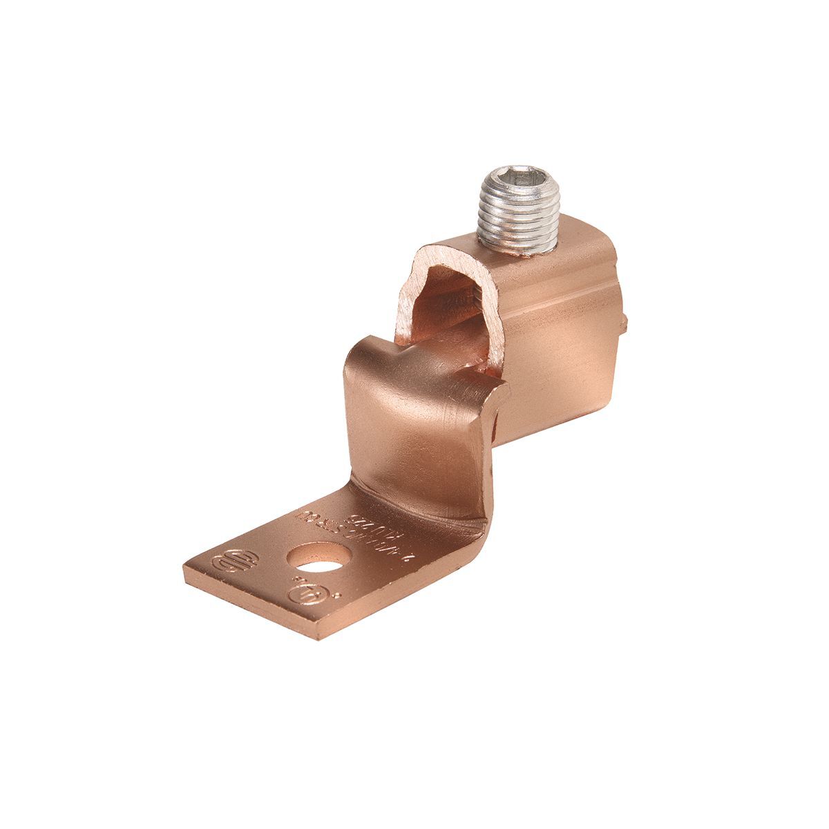 Copper Terminal, Offset Tongue, 1 Hole, 2-1/0 AWG (Str), 1/4" Stud, 1 Screw.