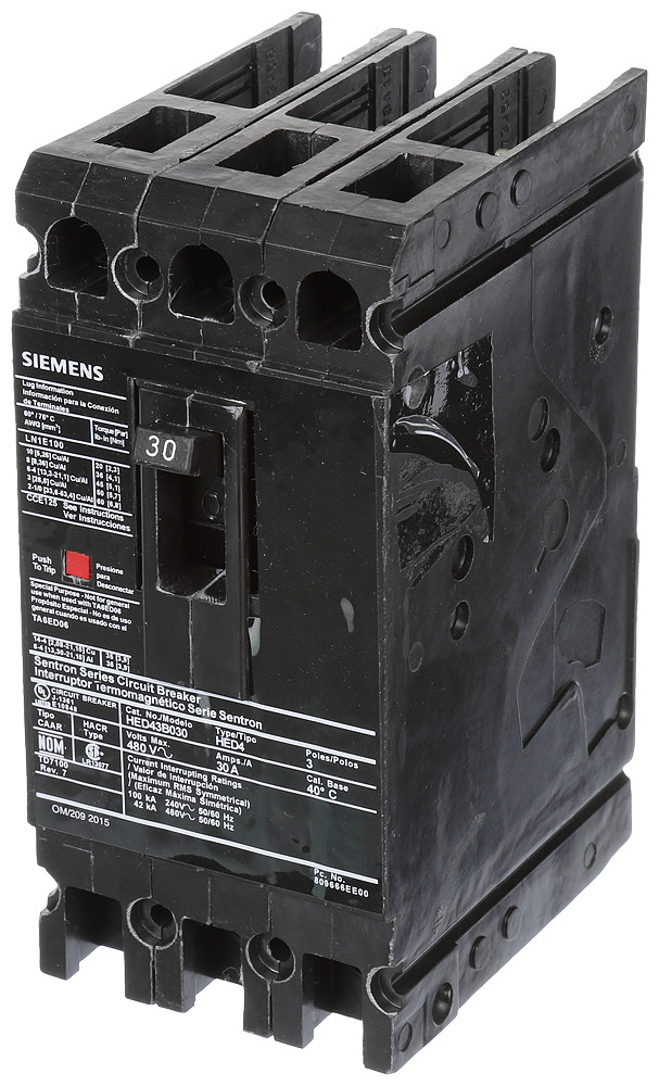  LOW VOLTAGE SENTRON MOLDED CASE CIRCUIT BREAKER WITH THERMAL - MAGNETICTRIP UNIT. STANDARD 40 DEG C BREAKER ED FRAME WITH HIGH BREAKING CAPACITY. 30A 3-POLE (42KAIC AT 480V). NON-INTERCHANGEABLE TRIP UNIT. SPECIAL FEATURES LOAD LUGS ONLY (LN1E100) WIRE RANGE 10 - 1/0AWG (CU/AL). DIMENSIONS (W x H x D) IN 3.00x 6.4 x 3.92.