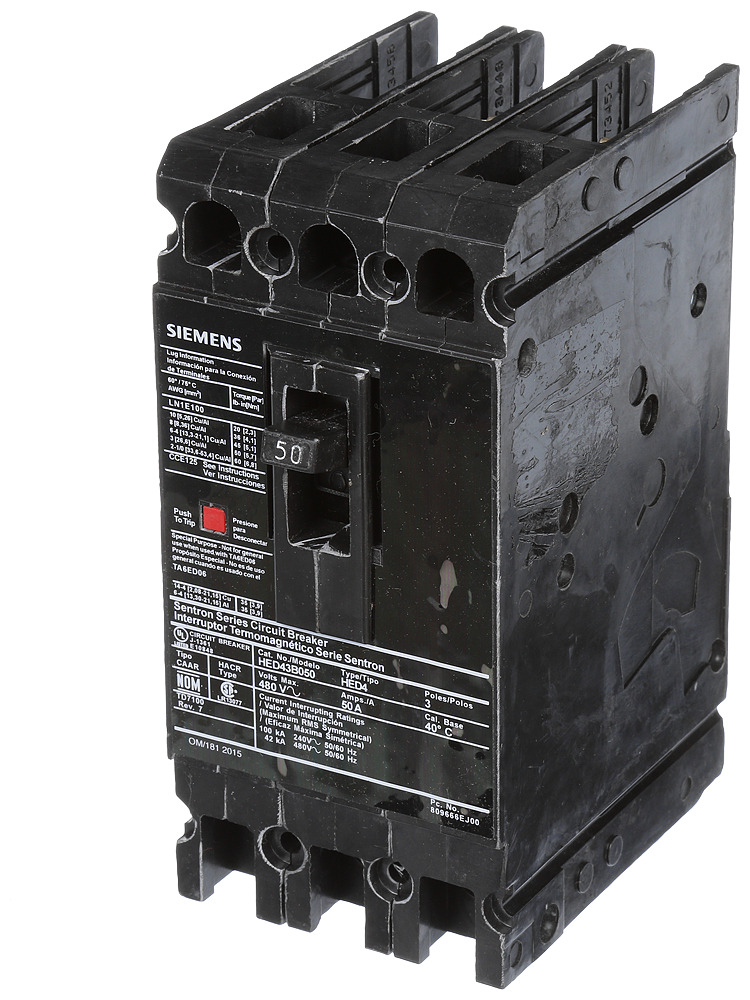  LOW VOLTAGE SENTRON MOLDED CASE CIRCUIT BREAKER WITH THERMAL - MAGNETICTRIP UNIT. STANDARD 40 DEG C BREAKER ED FRAME WITH HIGH BREAKING CAPACITY. 50A 3-POLE (42KAIC AT 480V). NON-INTERCHANGEABLE TRIP UNIT. SPECIAL FEATURES LOAD LUGS ONLY (LN1E100) WIRE RANGE 10 - 1/0AWG (CU/AL). DIMENSIONS (W x H x D) IN 3.00x 6.4 x 3.92.