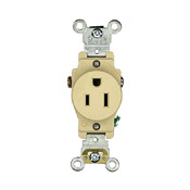 15 Amp, 125 Volt, NEMA 5-15R, 2P, 3W, Industrial Series Heavy Duty Specification Grade, Single Receptacle, Straight Blade, Self Grounding, Side Wired, Steel Strap, - IVORY