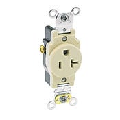 20 Amp, 125 Volt, NEMA 5-20R, 2P, 3W, Industrial Series Heavy Duty Specification Grade, Single Receptacle, Straight Blade, Self Grounding, Side Wired, Steel Strap, - IVORY