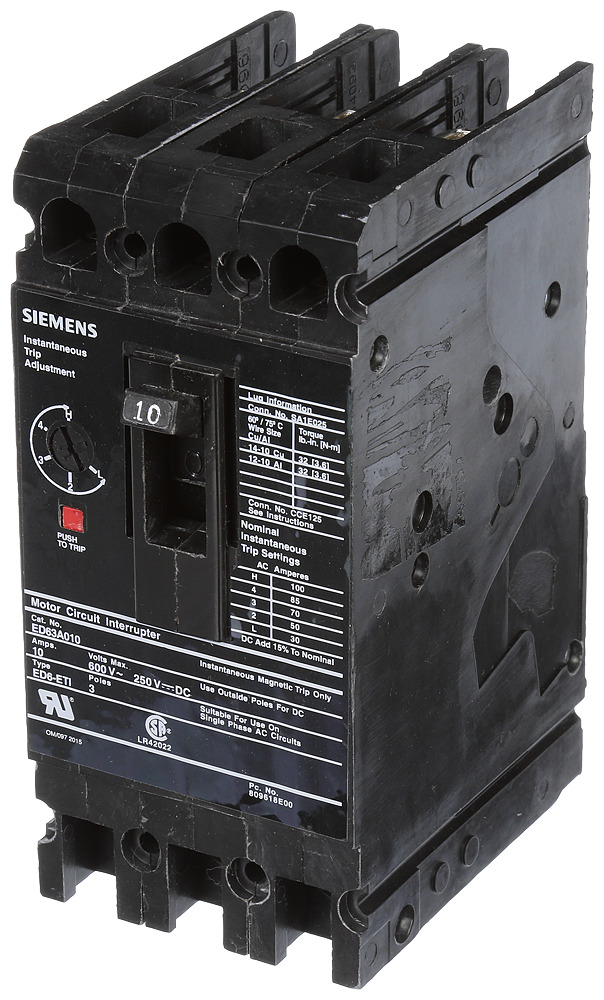  LOW VOLTAGE SENTRON MOLDED CASE CIRCUIT BREAKER WITH MAGNETIC TRIP ONLYUNIT. STANDARD RANGE ETI BREAKER ED FRAME WITH STAND ARDBREAKING CAPACITY. MEETS UL 489 / IEC 60947-2 STANDARDS. 10A 3-POLEBREAKER (18KAIC AT 600V) (25KAIC AT 480V). SPECIAL FEATURES LOAD LUGSONLY (SA1E025) WIRE RANGE 14 - 10AWG (CU) / 12 - 10AWG (AL). DIMENSIONS(W x H x D) IN 3 x 6.35 x 3.92.____________________ ____________________________________________________