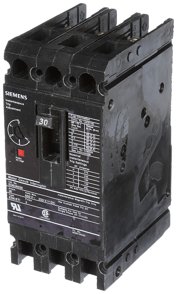  LOW VOLTAGE SENTRON MOLDED CASE CIRCUIT BREAKER WITH THERMAL - MAGNETICTRIP UNIT. STANDARD RANGE ETI BREAKER ED FRAME WITH STANDARD BREAKING CAPACITY.MEETS UL 489 / IEC 60947-2 STANDARDS. 30A 3-POLE BREAKER (18KAIC AT 600V) (25KAIC AT 480V). SPECIAL FEATURES LOAD LUGS ONLY (LN1E100) WIRE RANGE 10 - 1/0AWG (CU/AL). DIMENSIONS (W x H x D) IN 3 x 6.35 x 3.92.