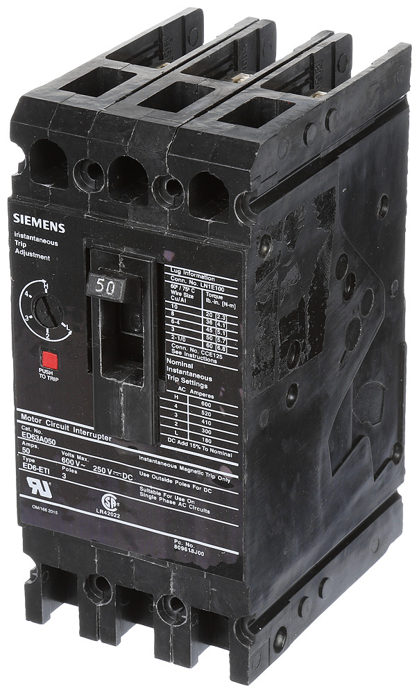  LOW VOLTAGE SENTRON MOLDED CASE CIRCUIT BREAKER WITH MAGNETIC TRIP ONLYUNIT. STANDARD RANGE ETI BREAKER ED FRAME WITH STAND ARDBREAKING CAPACITY. MEETS UL 489 / IEC 60947-2 STANDARDS. 50A 3-POLEBREAKER (18KAIC AT 600V) (25KAIC AT 480V). SPECIAL FEATURES LOAD LUGSONLY (LN1E100) WIRE RANGE 10 - 1/0AWG (CU/AL). DIMENSIONS (W x H x D)IN 3 x 6.35 x 3.92.__________________________________ ______________________________________