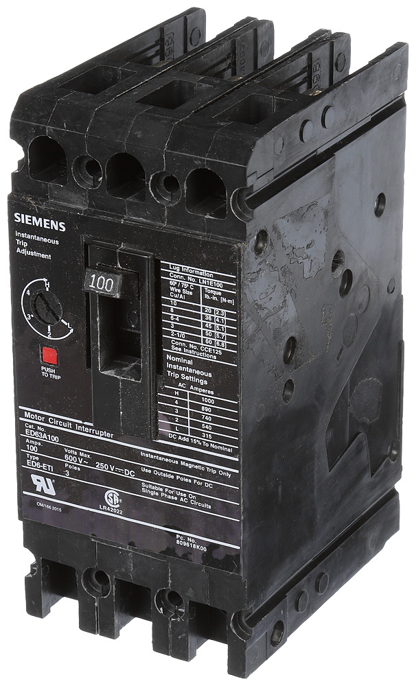  LOW VOLTAGE SENTRON MOLDED CASE CIRCUIT BREAKER WITH MAGNETIC TRIP ONLYUNIT. STANDARD RANGE ETI BREAKER ED FRAME WITH STAND ARDBREAKING CAPACITY. MEETS UL 489 / IEC 60947-2 STANDARDS. 100A 3-POLEBREAKER (18KAIC AT 600V) (25KAIC AT480V). SPECIAL FEATURES LOAD LUGSONLY (LN1E100) WIRE RANGE 10 - 1/0AWG (CU/AL).DIMENSIONS (W x H x D)IN 3 x 6.35 x 3.92.________________________________ ________________________________________