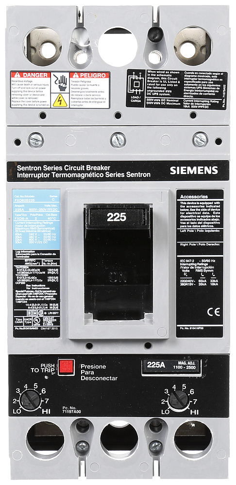  LOW VOLTAGE SENTRON MOLDED CASE CIRCUIT BREAKER WITH THERMAL - MAGNETICTRIP UNIT. ASSEMBLED STANDARD 40 DEG C BREAKER FD FRAME WITH STANDARD BREAKING CAPACITY. 225A 2-POLE (22KAIC AT 600V) (35KAIC AT 480V). NON-INTERCHANGEABLE TRIP UNIT. SPECIAL FEATURES NO LUGS INSTALLED. DIMENSIONS (W x H x D) IN 4.50 x 9.5x 4.00.