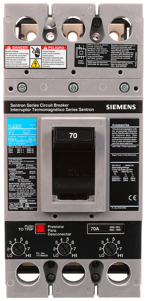  LOW VOLTAGE SENTRON MOLDED CASE CIRCUIT BREAKER WITH THERMAL - MAGNETICTRIP UNIT. ASSEMBLED STANDARD 40 DEG C BREAKER FD FRAME WITH STANDARD BREAKING CAPACITY. 70A 3-POLE (22KAIC AT 600V) (35KAIC AT 480V). NON-INTERCHANGEABLE TRIPUNIT. SPECIAL FEATURES NO LUGS INSTALLED. DIMENSIONS (W x H x D) IN 4.50 x 9.5 x 4.00.