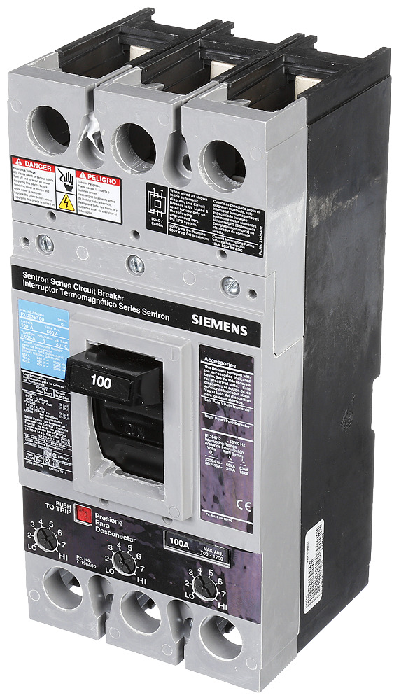  LOW VOLTAGE SENTRON MOLDED CASE CIRCUIT BREAKER WITH THERMAL - MAGNETICTRIP UNIT. ASSEMBLED STANDARD 40 DEG C BREAKER FD FRAME WITH STANDARD BREAKING CAPACITY. 100A 3-POLE (22KAIC AT 600V) (35KAIC AT 480V). NON-INTERCHANGEABLE TRIP UNIT. SPECIAL FEATURES NO LUGS INSTALLED. DIMENSIONS (W x H x D) IN 4.50 x 9.5x 4.00.